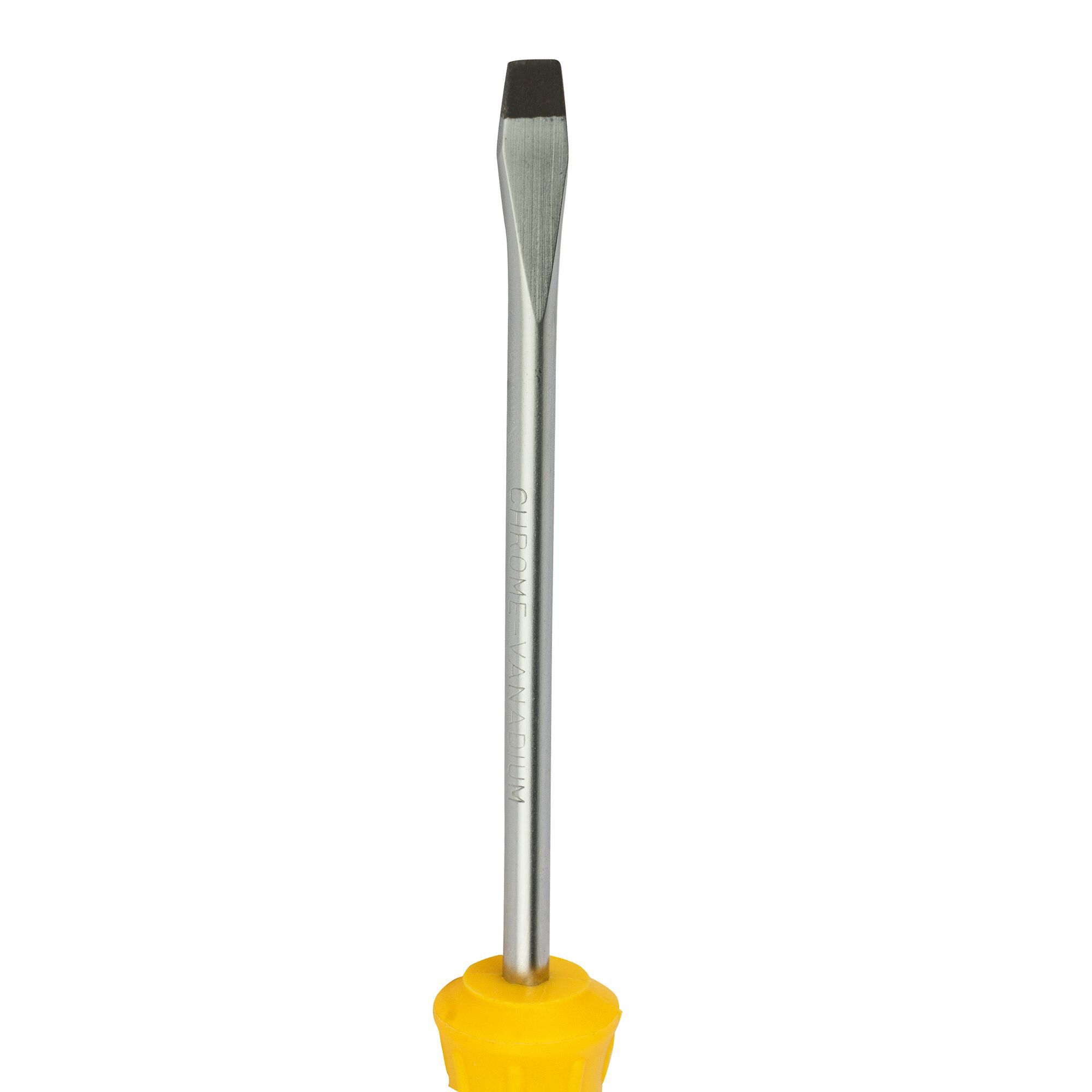 A flathead screwdriver with a metal shaft and a yellow handle.
