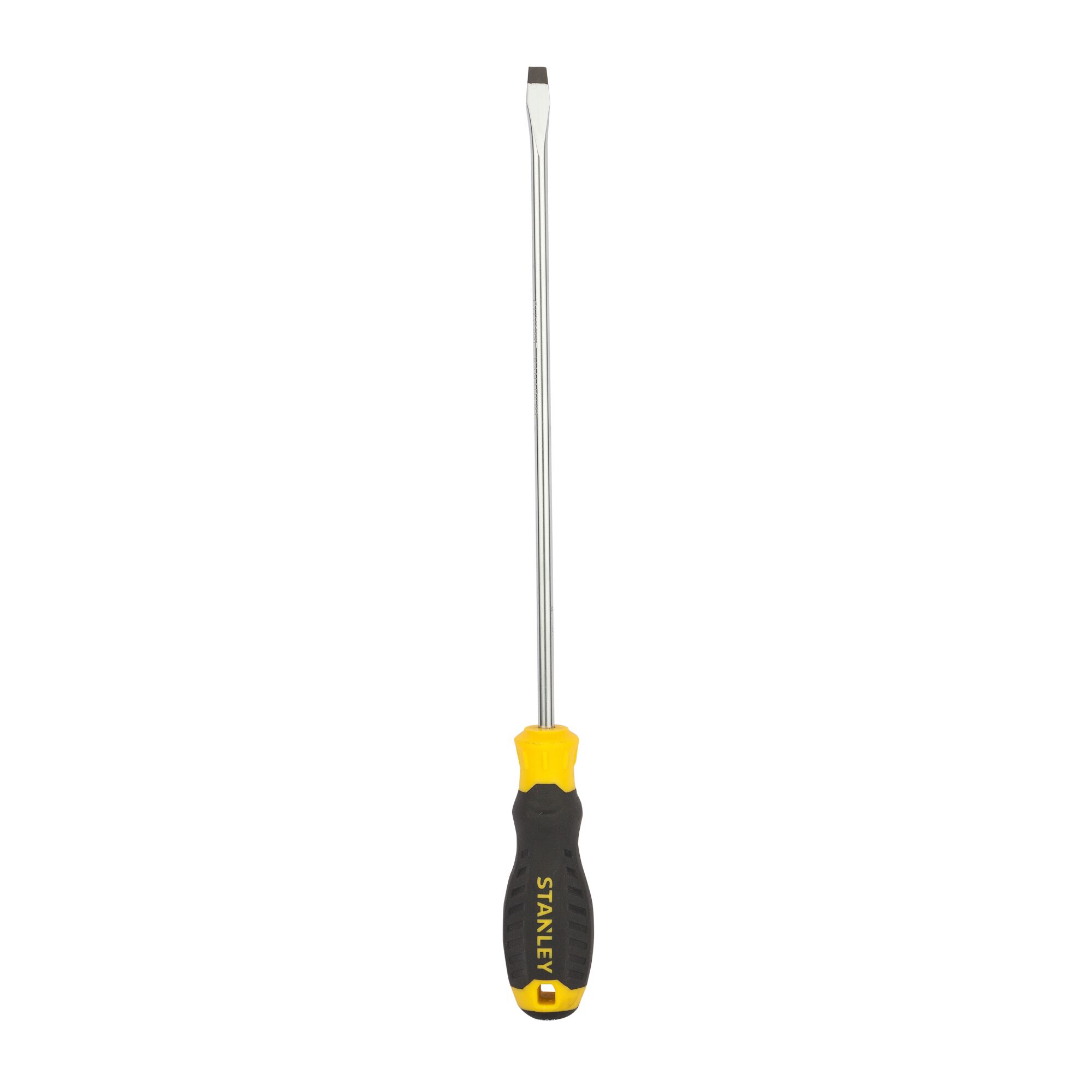 STANLEY STMT60824-8 flathead screwdriver with yellow and black ergonomic handle, front angle on white background.