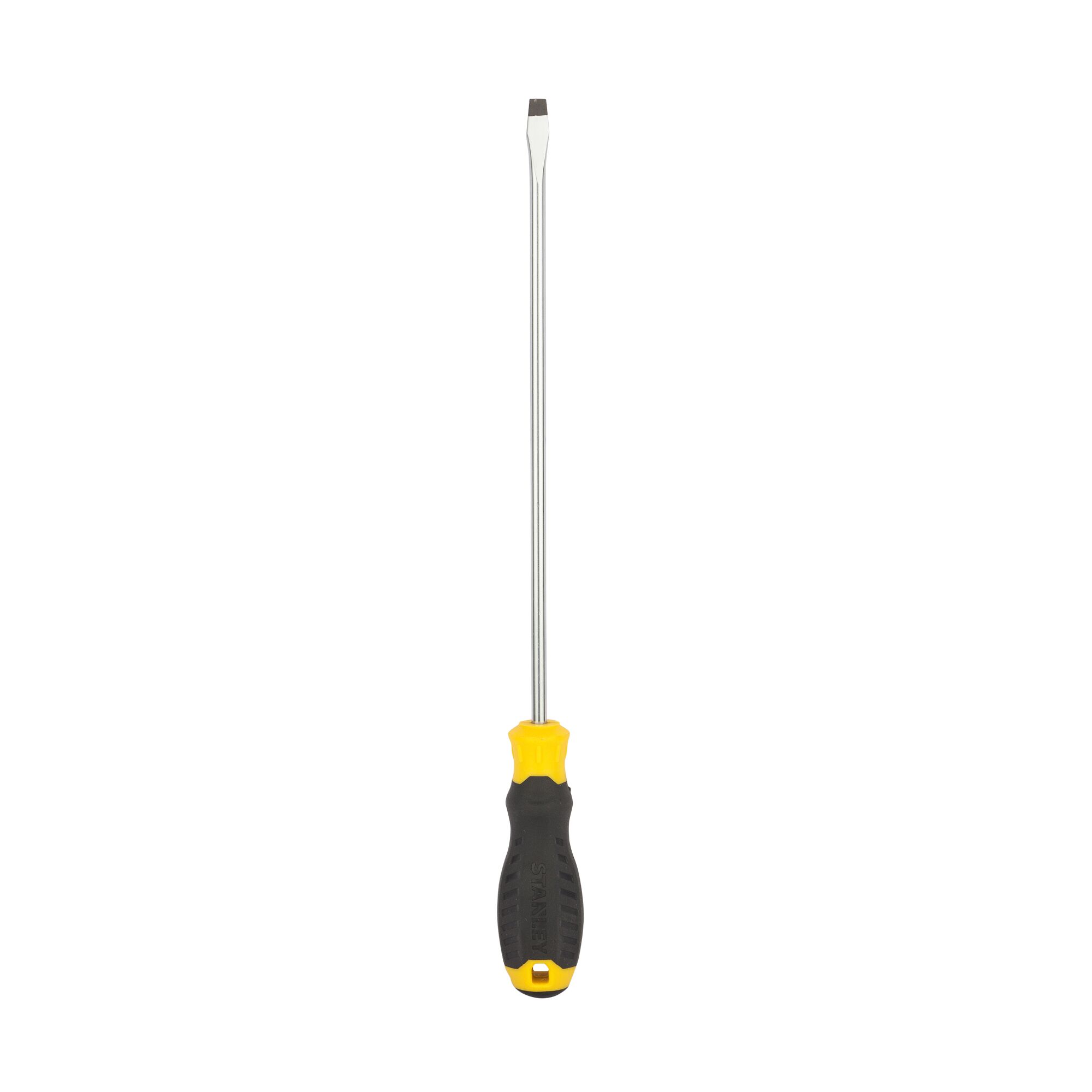 STANLEY STMT60824-8 flathead screwdriver with black and yellow handle, front angle on white background.