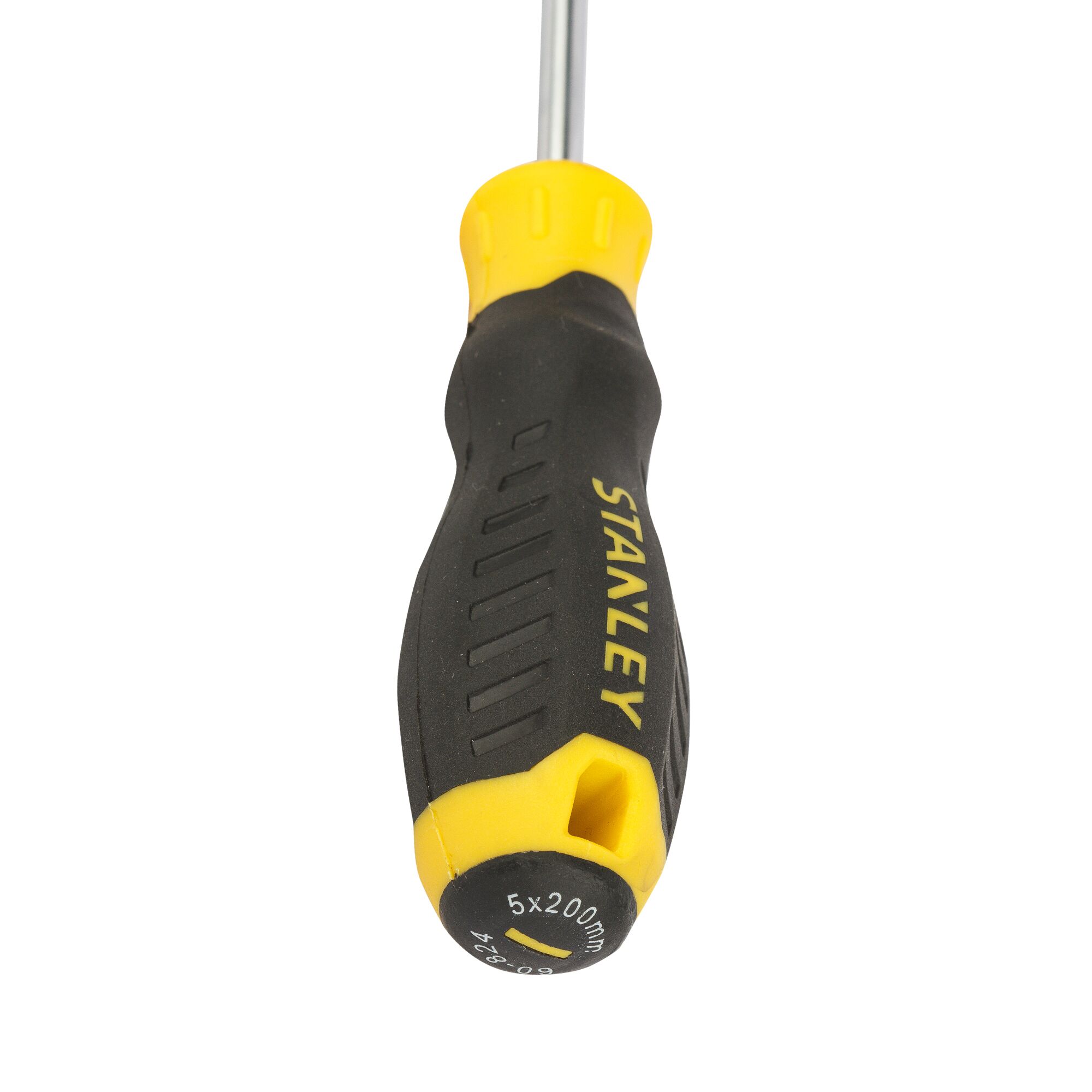 Close-up image of a Stanley-branded screwdriver with a black and yellow ergonomic handle and the size marking '5x200mm' on the end.