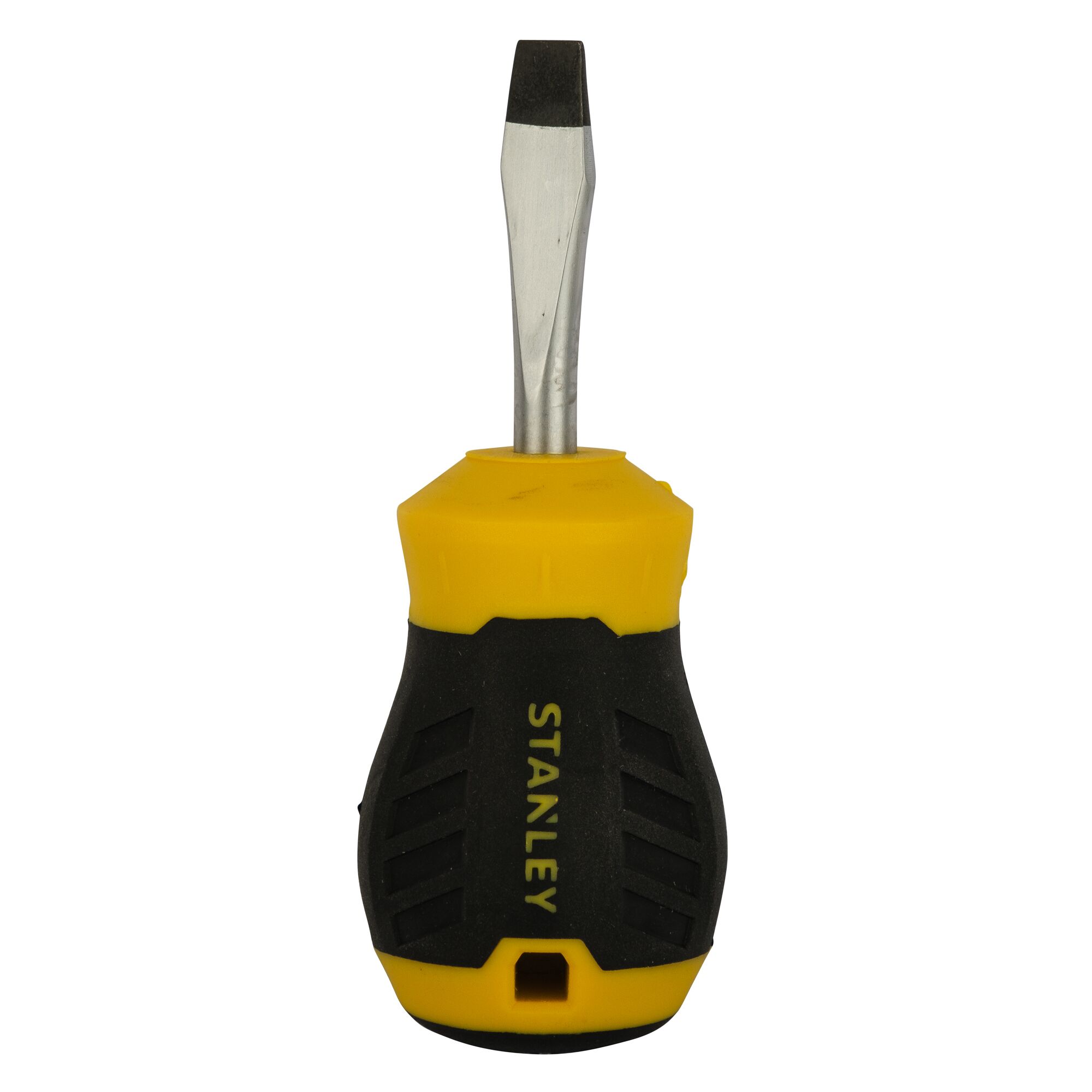 STANLEY STMT60825-8 stubby flathead screwdriver with black and yellow ergonomic handle, front angle.