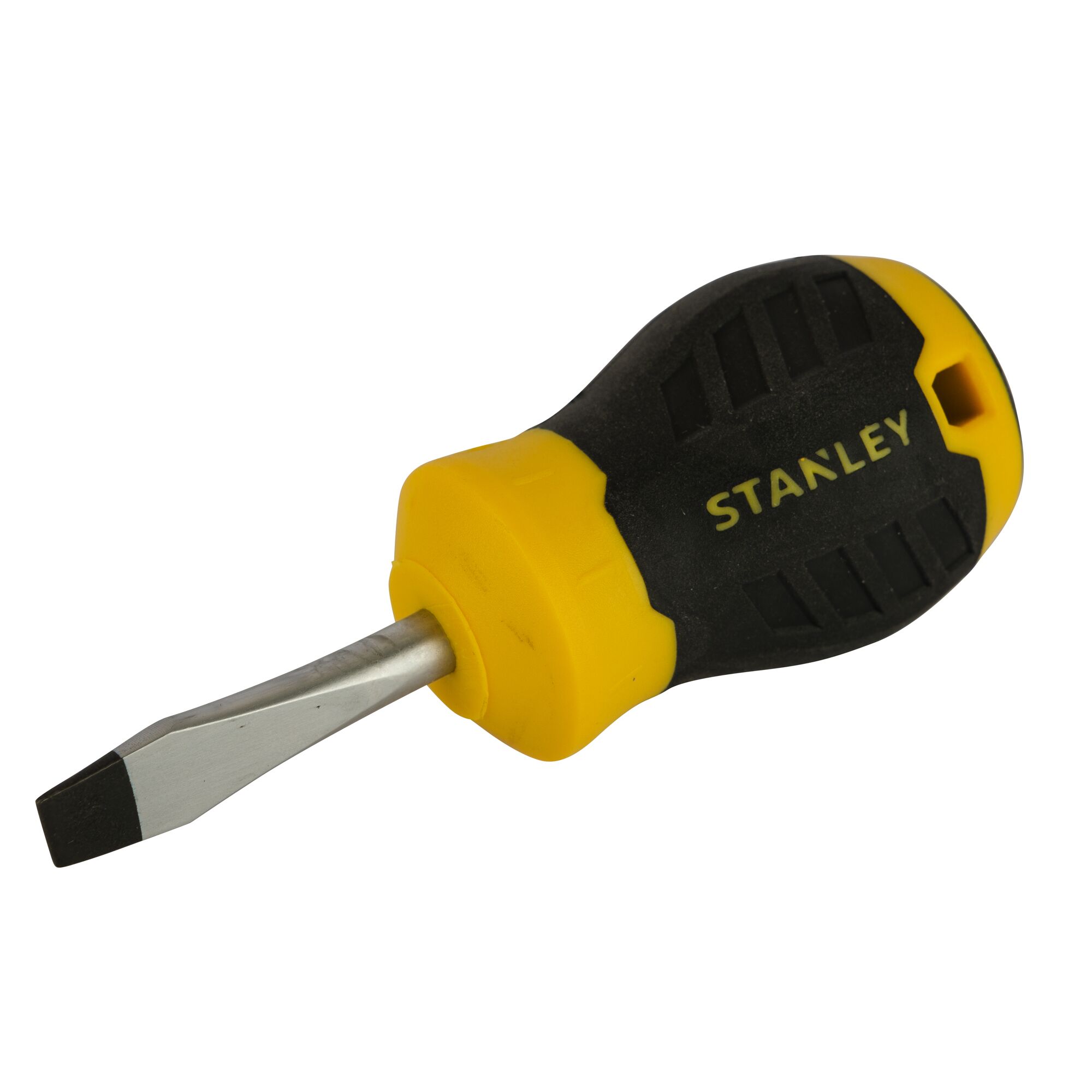 STANLEY STMT60825-8 stubby flathead screwdriver with black and yellow ergonomic handle, side view.