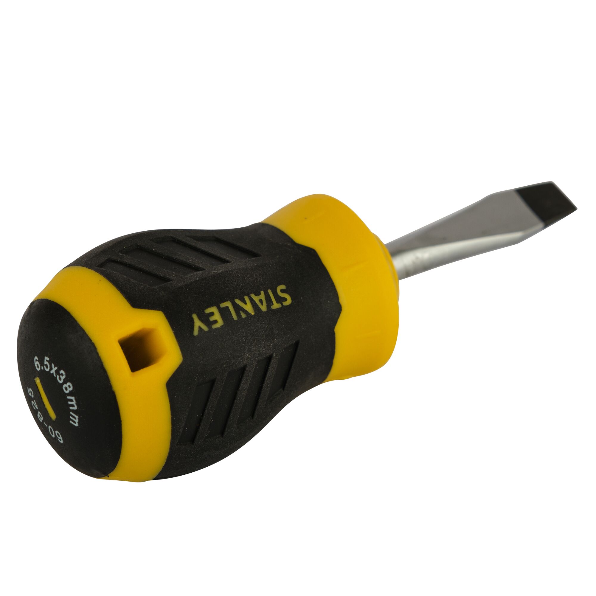 STANLEY STMT60825-8 stubby flathead screwdriver with yellow and black handle, angled view on white background.