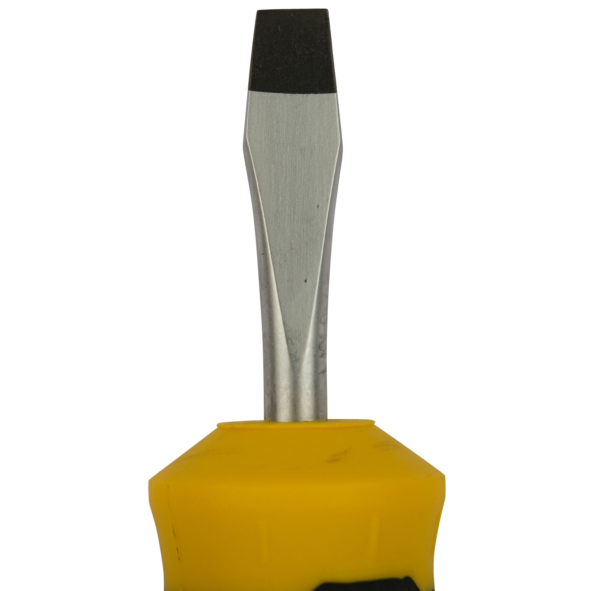 Close-up image of a flathead screwdriver with a yellow handle.