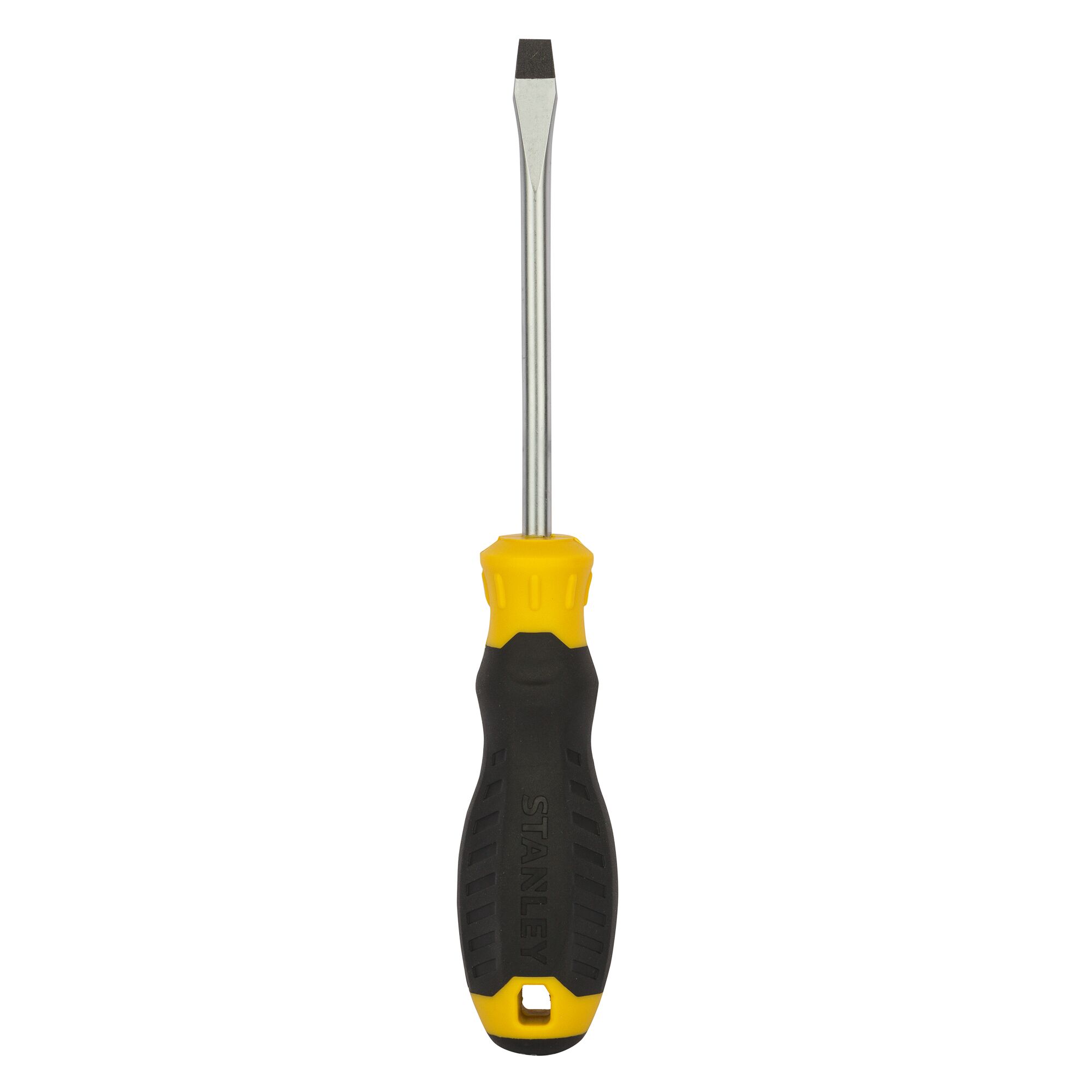 STANLEY STMT60826-8 flathead screwdriver, yellow and black handle, front angle, photography.