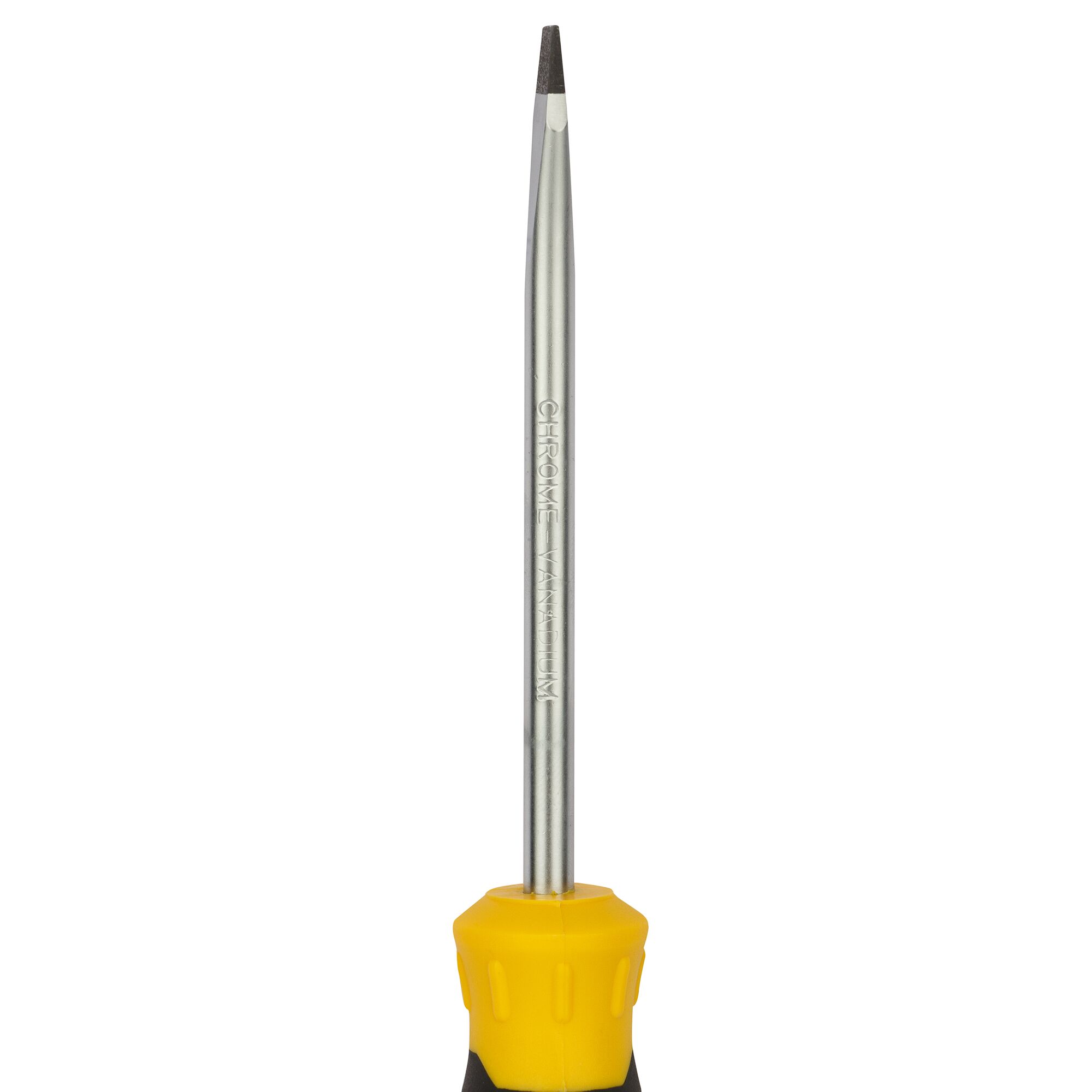 A close-up image of a precision screwdriver with a yellow and black handle and a chrome vanadium steel shaft.