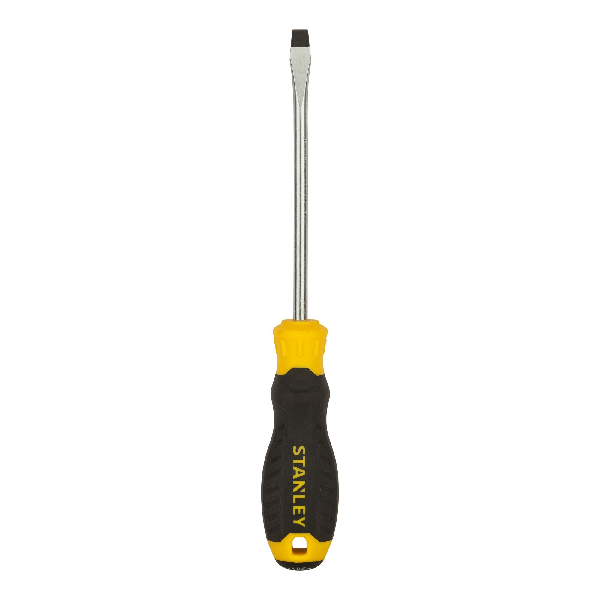 STANLEY STMT60827-8 flathead screwdriver with black and yellow handle, product photography, front angle.