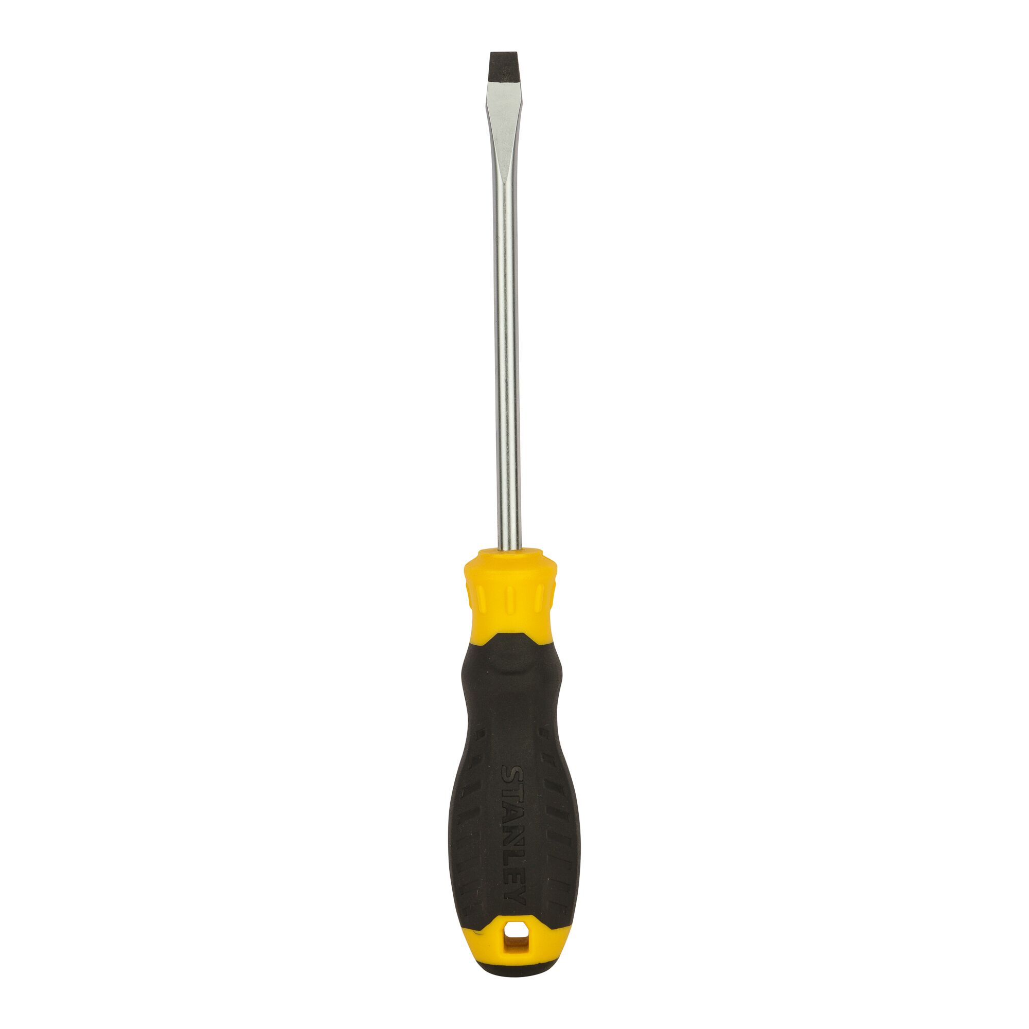 STANLEY STMT60827-8 flathead screwdriver with yellow and black handle, front angle on white background.
