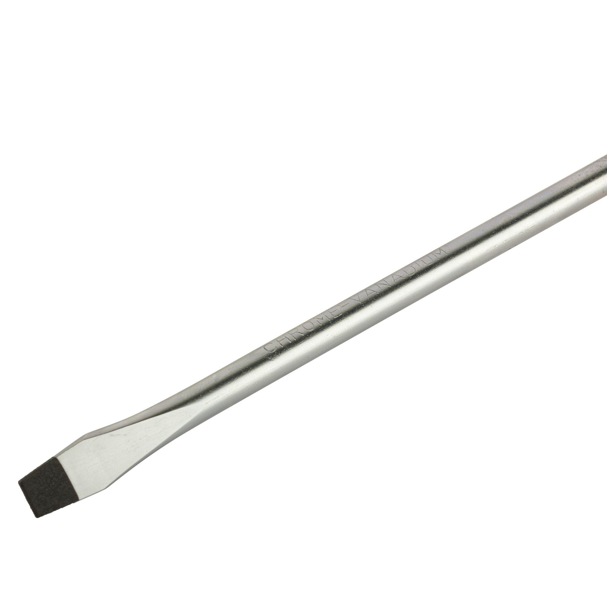 A close-up image of a flathead screwdriver with a silver metal shaft and black tip.