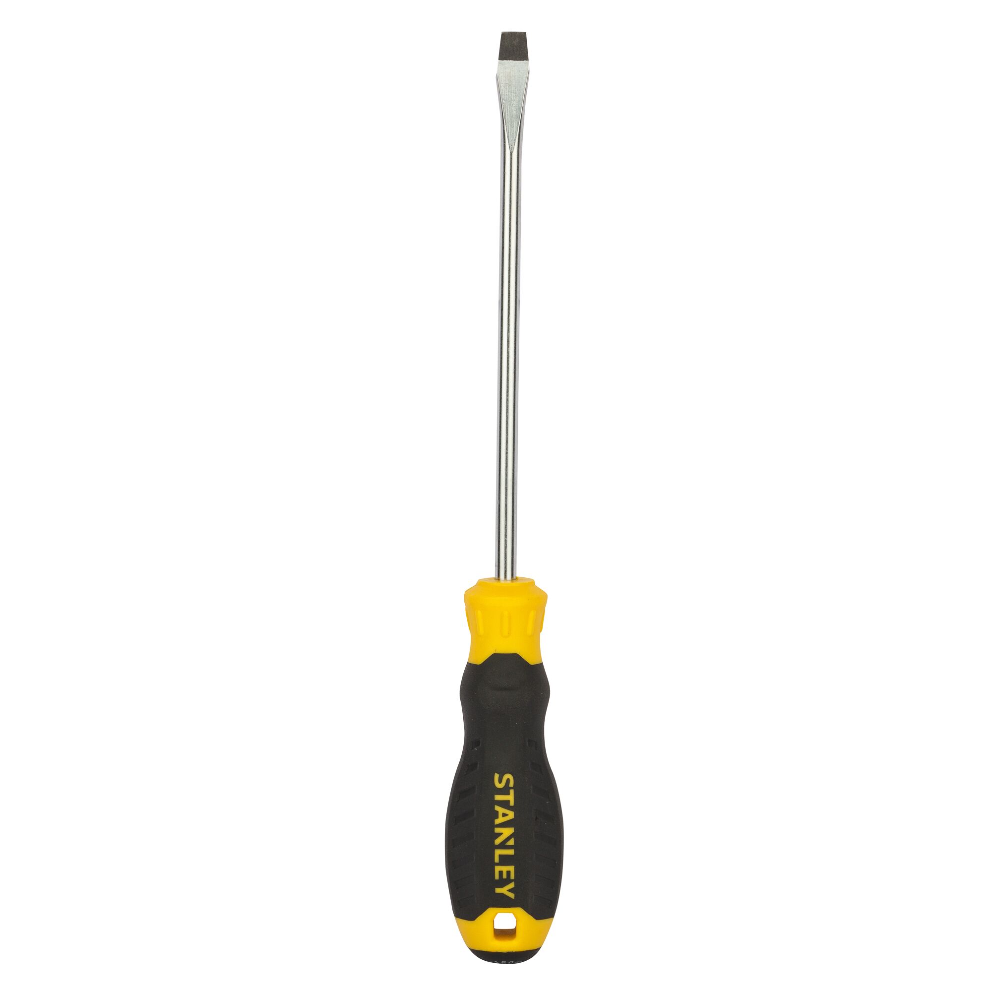 STANLEY STMT60828-8 flathead screwdriver with black and yellow handle, front angle, white background.