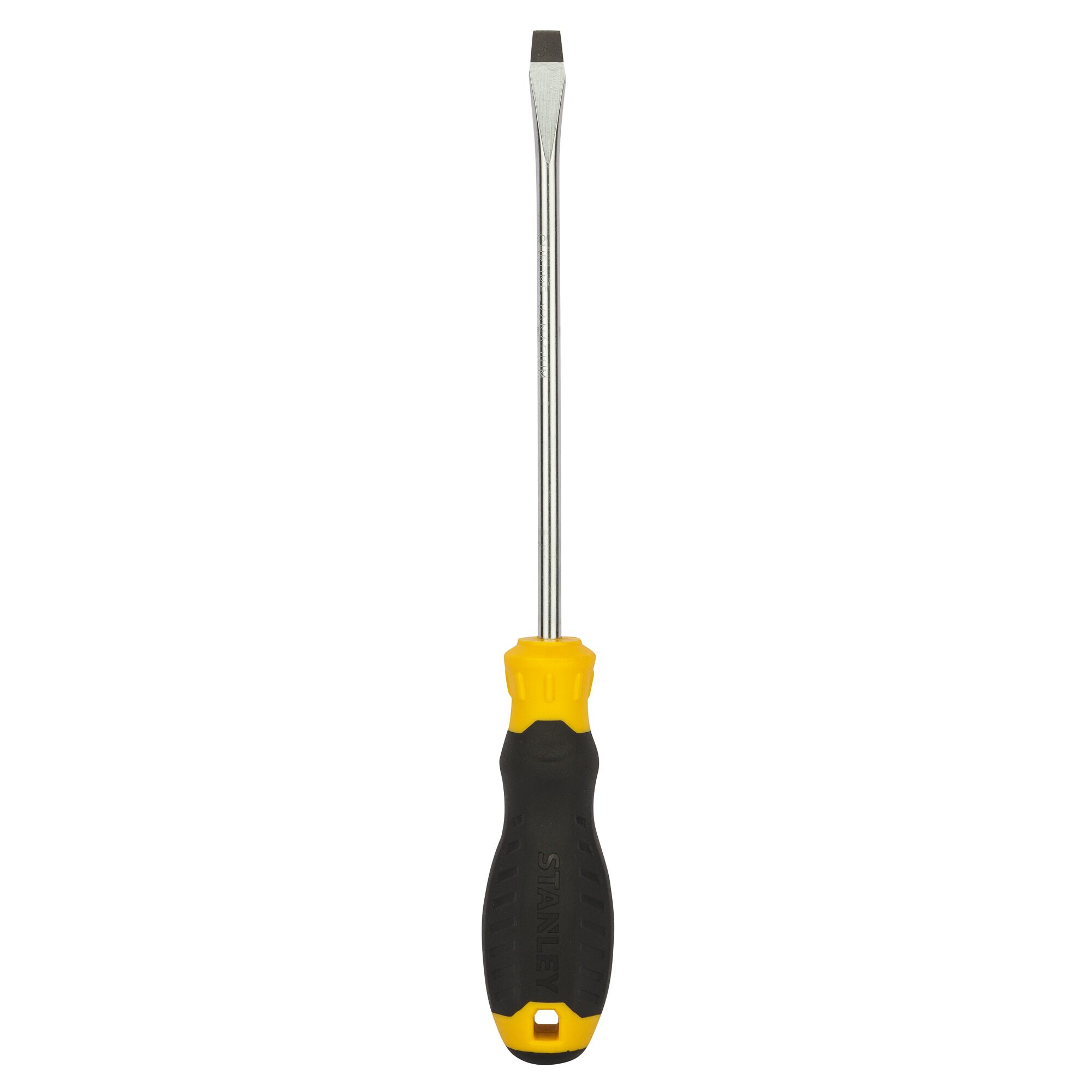 STANLEY STMT60828-8 flathead screwdriver with black and yellow handle, front view on white background.