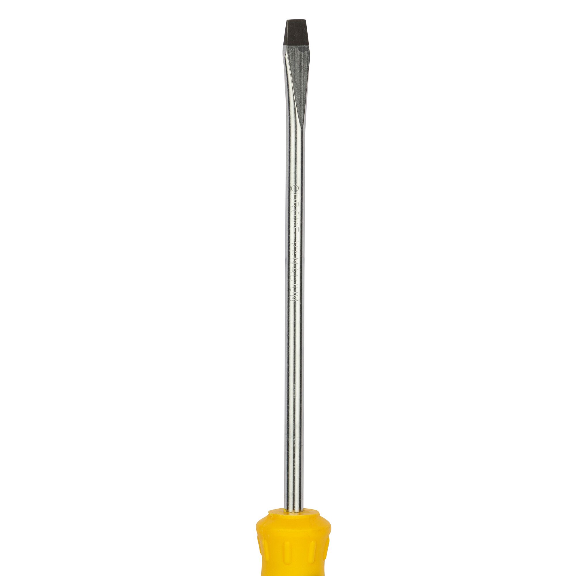 A flathead screwdriver with a yellow handle and a metal shaft, photographed vertically against a white background.