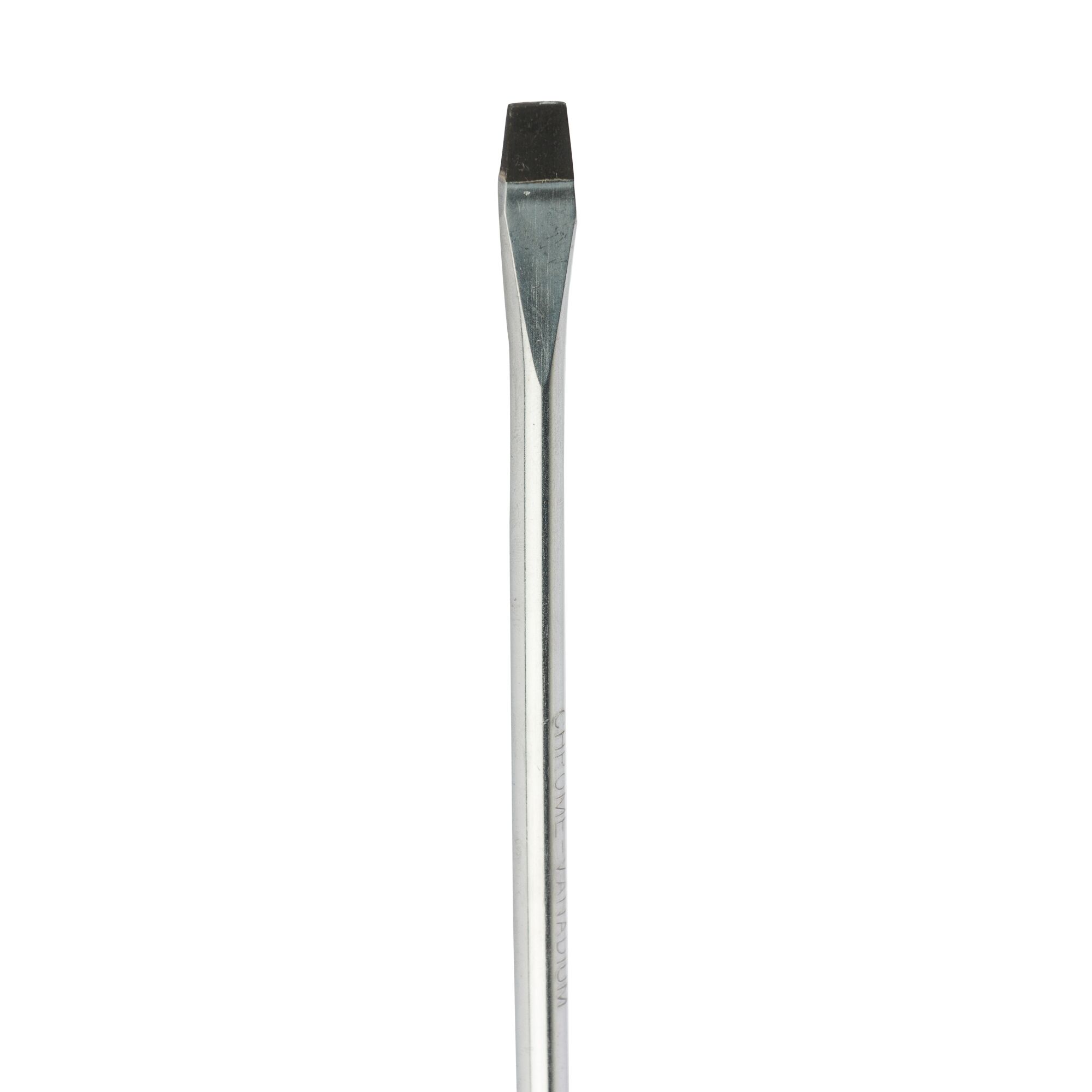 Close-up view of a flathead screwdriver with a metallic shaft on a white background.