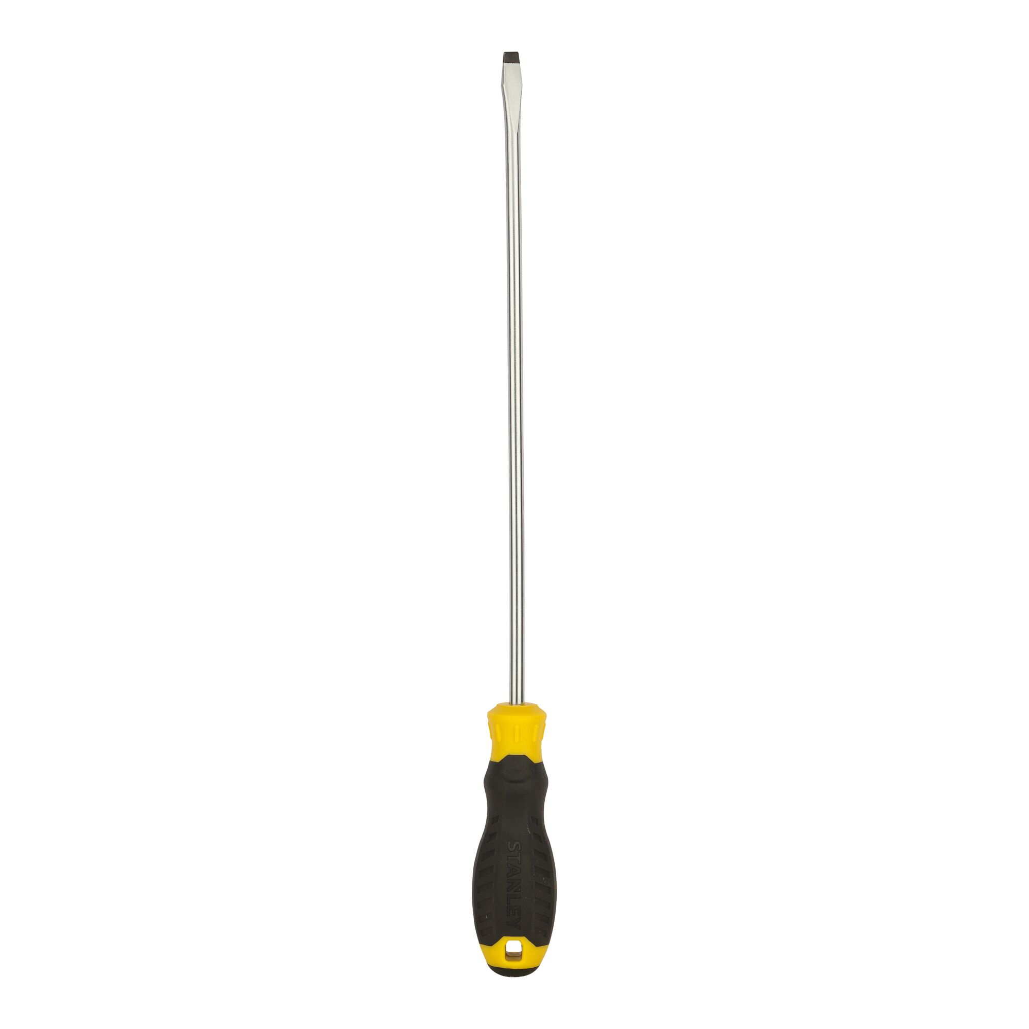 Photo of STANLEY STMT60830-8 flathead screwdriver with long steel shaft and black and yellow handle, front view.