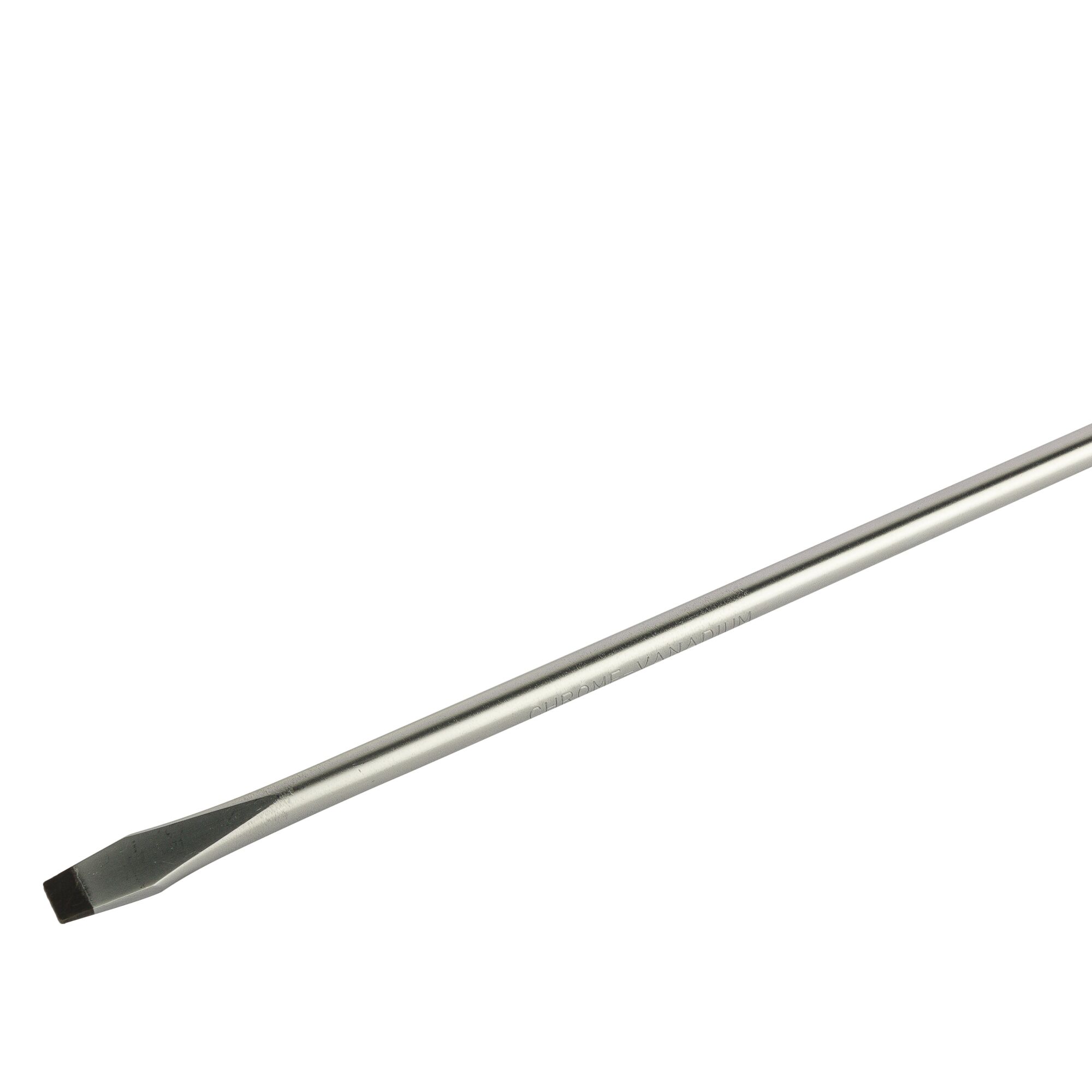 A long metal flathead screwdriver with a silver shaft and a black flat tip, shown against a white background.