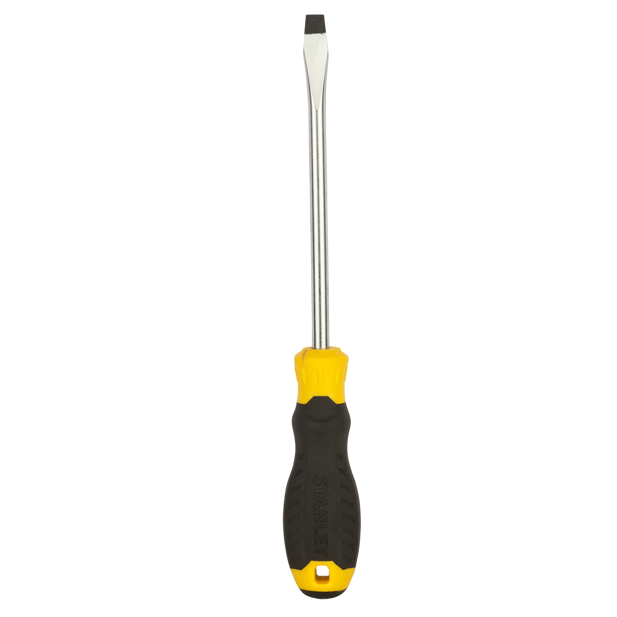 STANLEY STMT60831-8 flathead screwdriver with black and yellow handle, front view on white background.