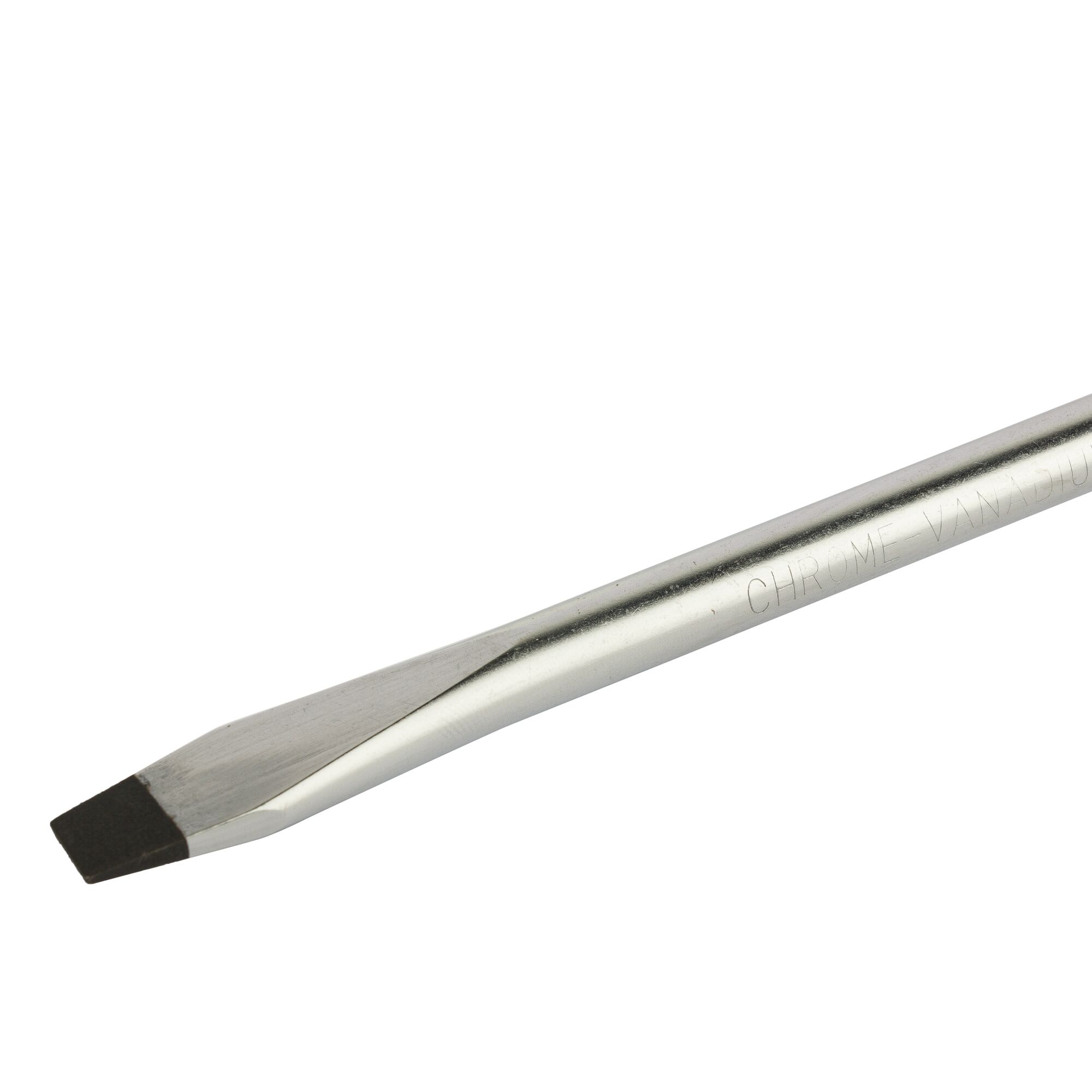 A close-up image of a flathead screwdriver with a metallic handle, showing the tip and part of the shaft.