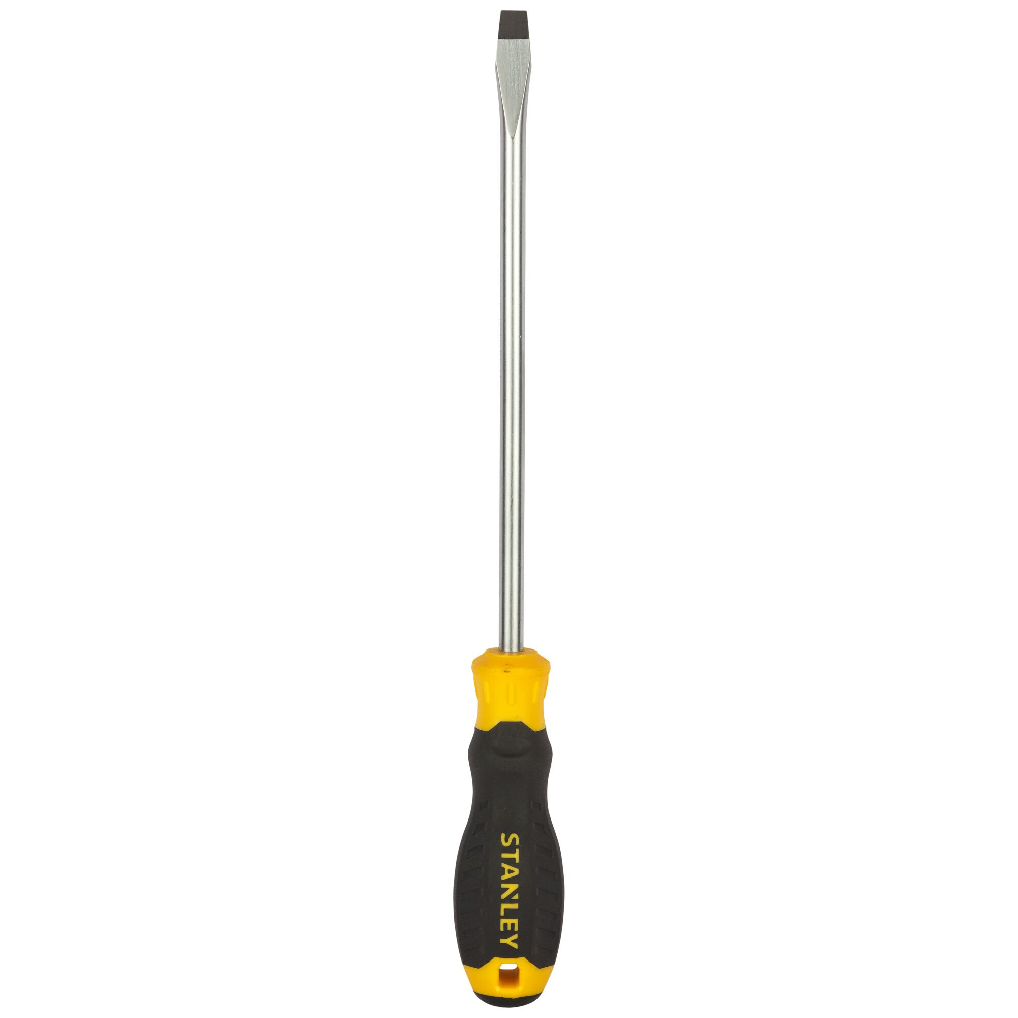 STANLEY STMT60832-8 flathead screwdriver, yellow and black handle, front angle, white background.