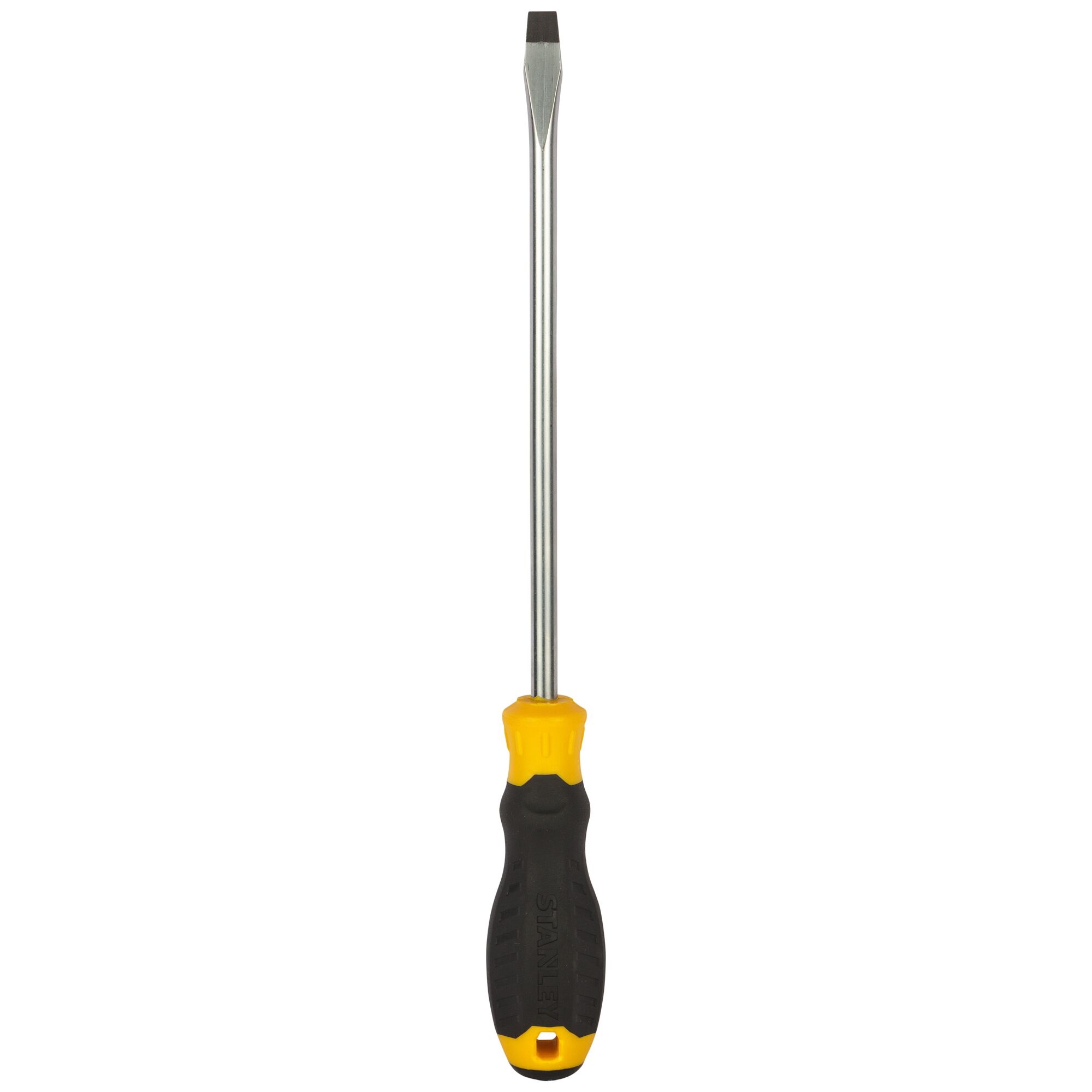 STANLEY STMT60832-8 slotted screwdriver with yellow and black handle, front angle on white background.