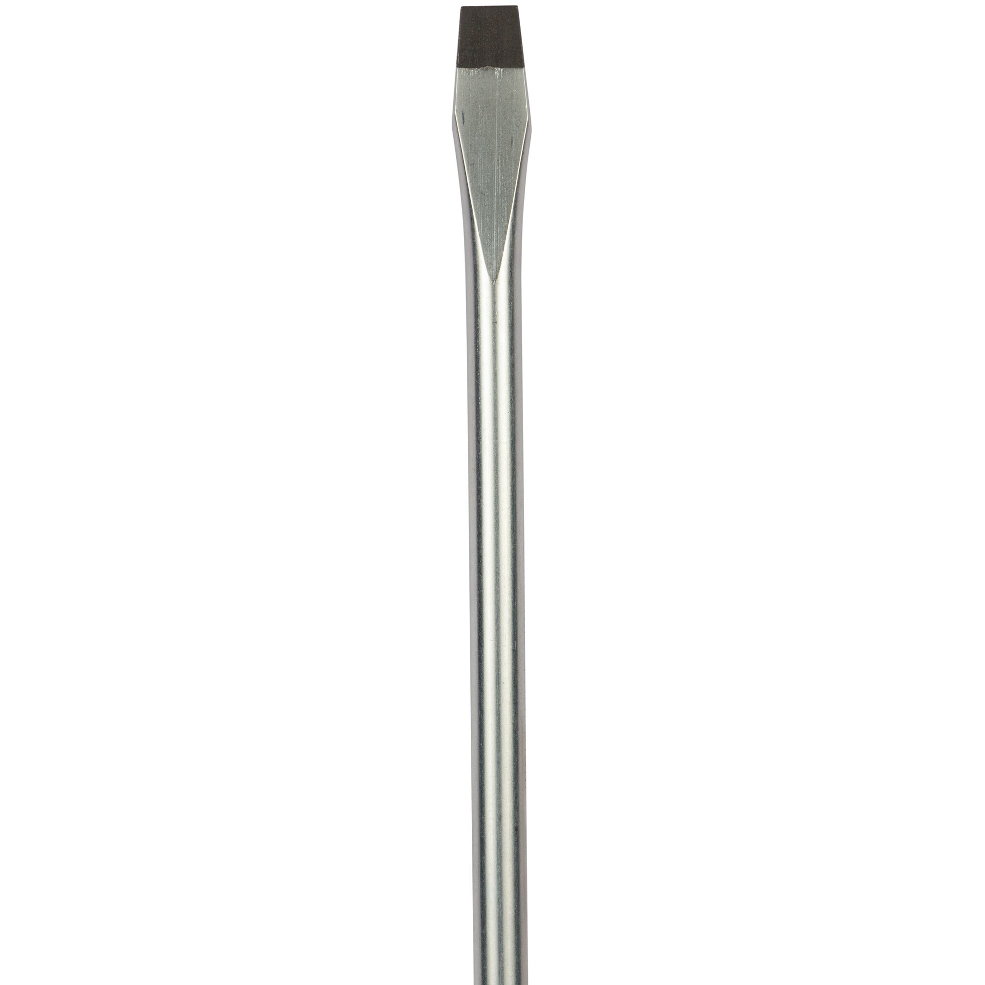A close-up image of a flathead screwdriver with a metallic shaft and a flat tip.