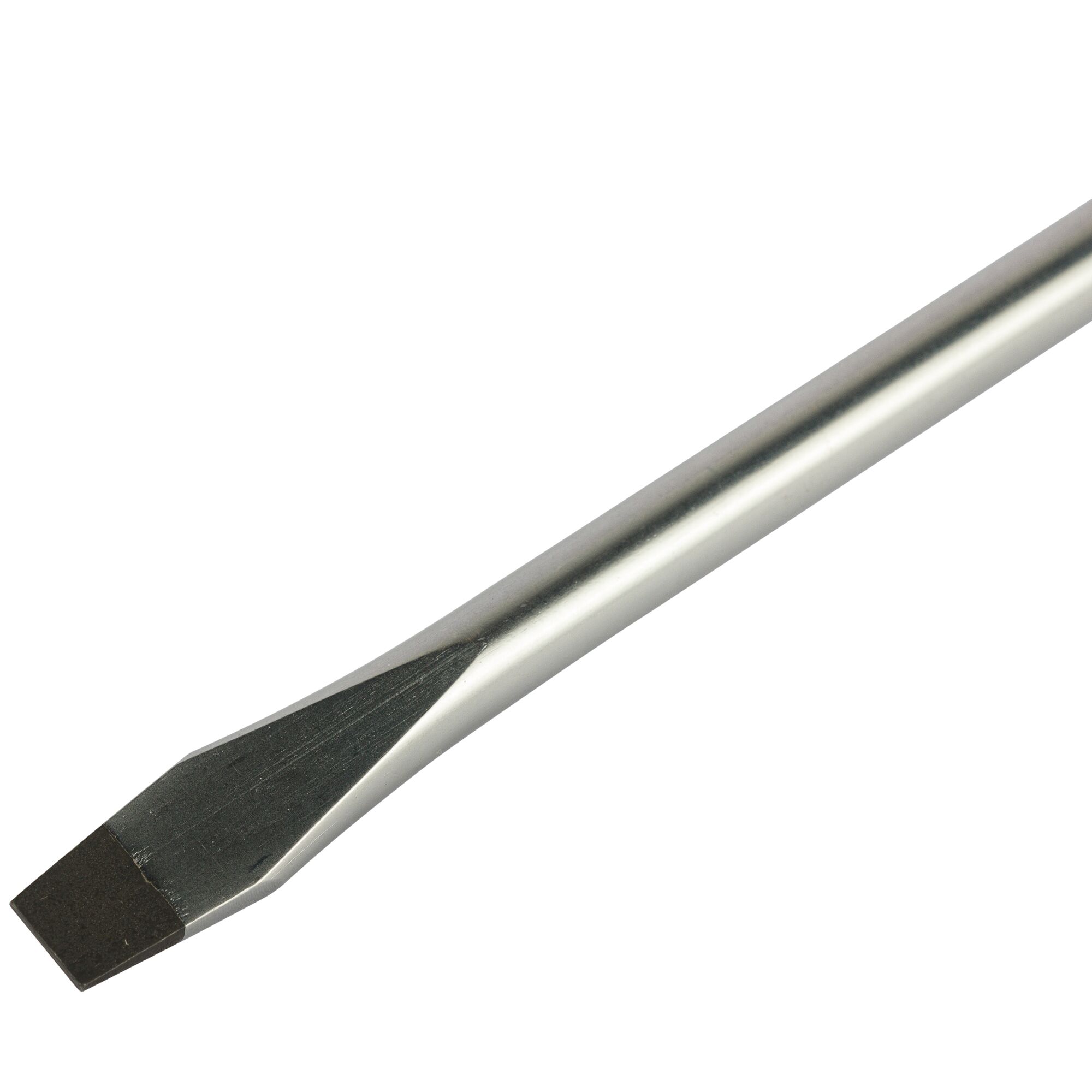 A close-up image of a flathead screwdriver with a metal shaft and a flat tip, photographed against a white background.