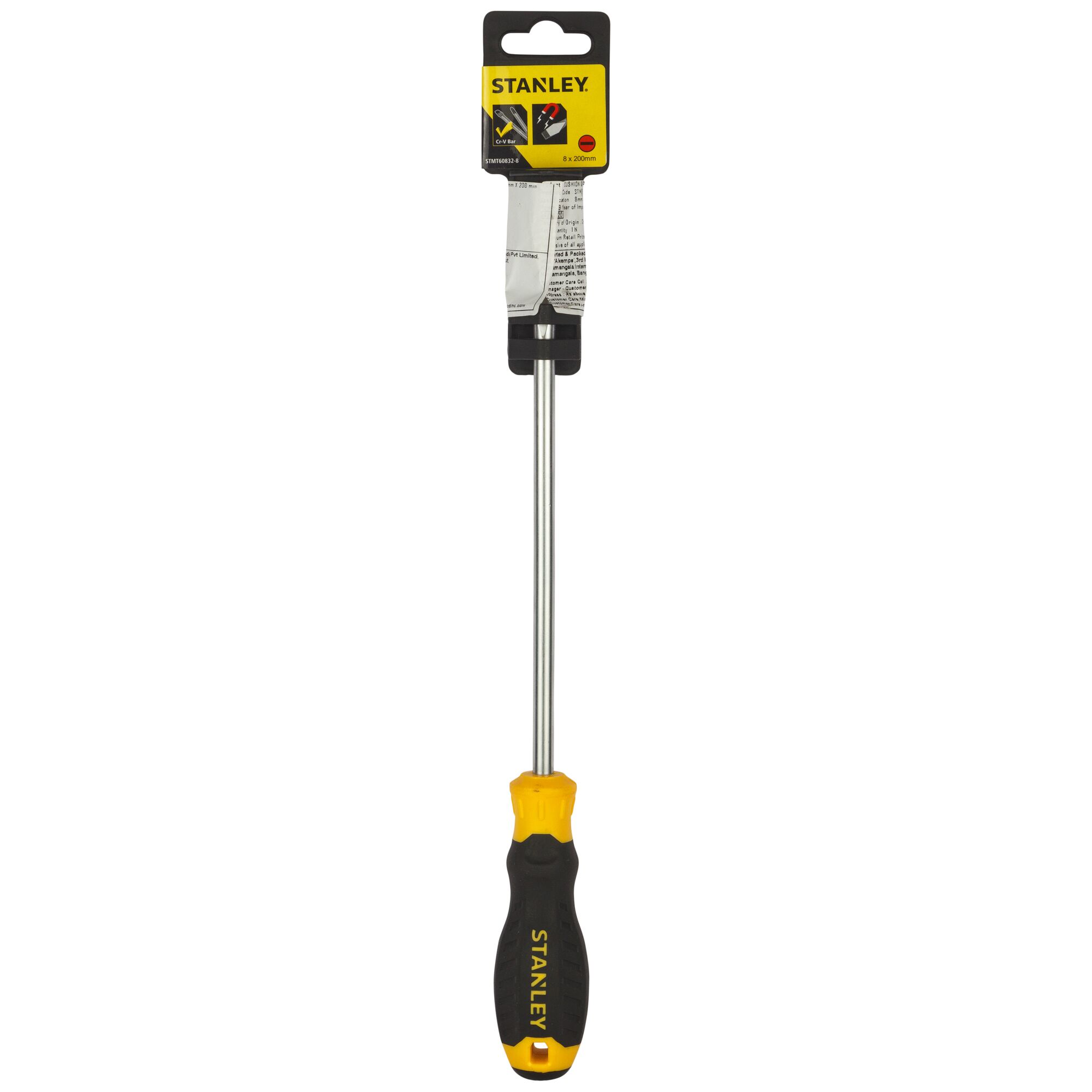 STANLEY STMT60832-8 slotted screwdriver with black and yellow handle, photography front angle on white background.