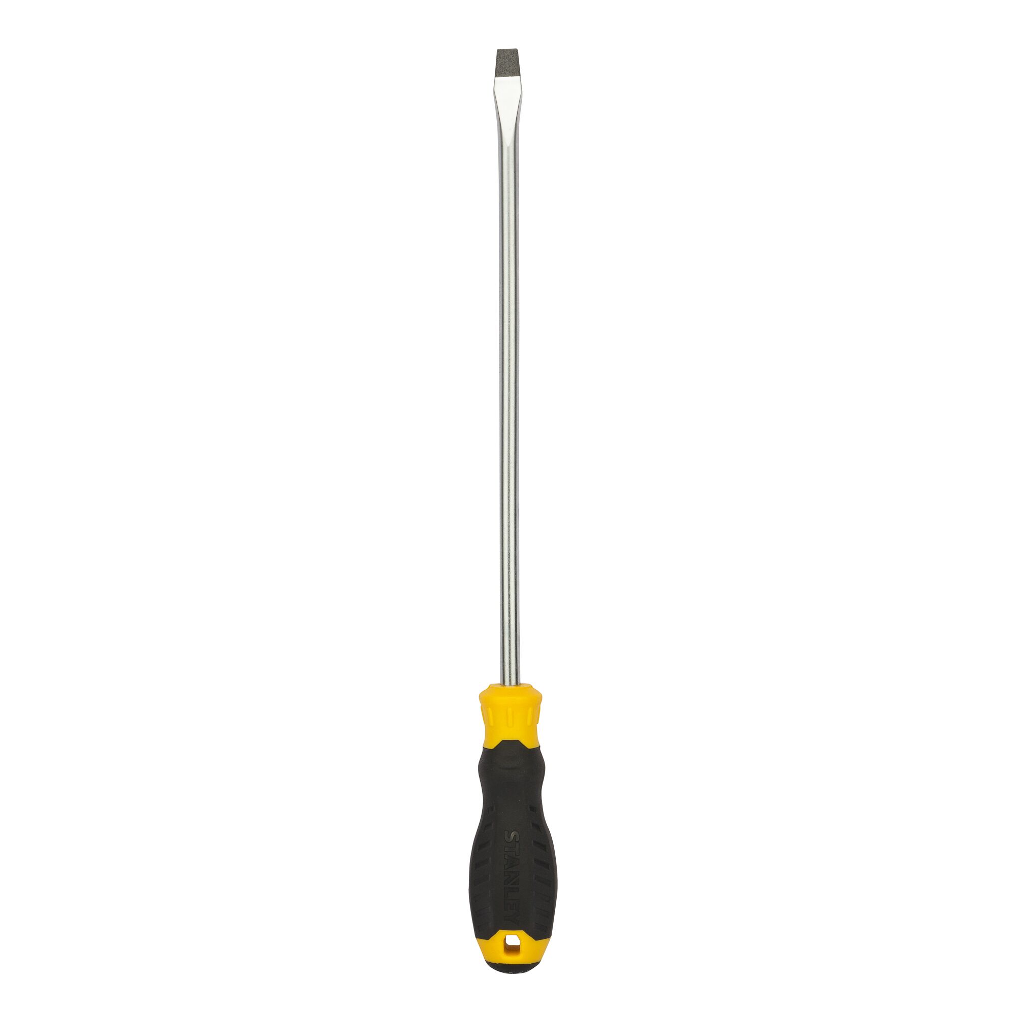 STANLEY STMT60833-8 flathead screwdriver with black and yellow handle, front angle, white background.