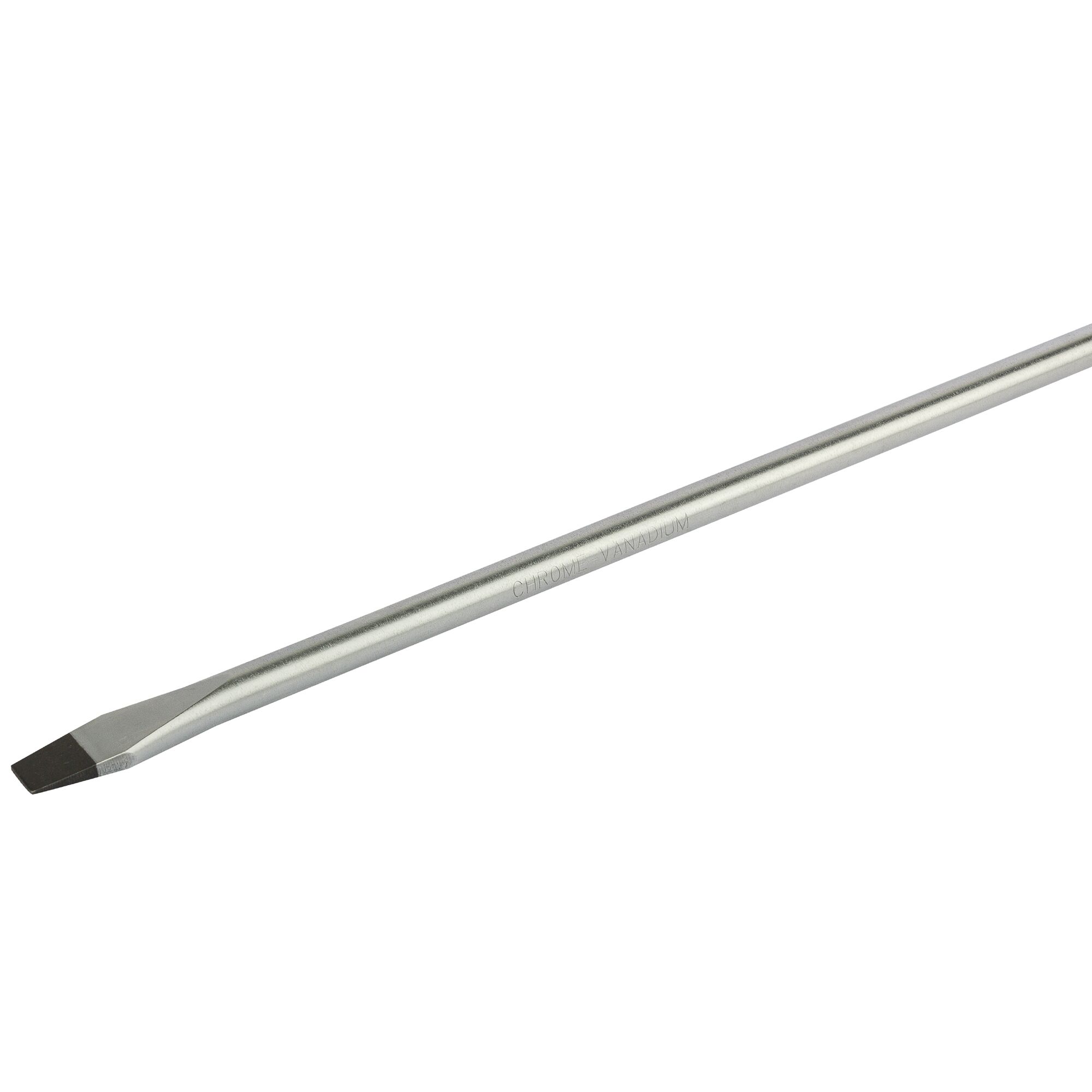 A metal flat chisel tool with a beveled edge, designed for cutting or shaping hard materials such as metal or stone.