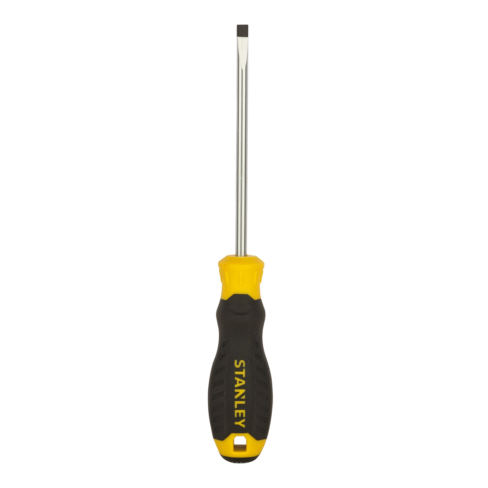 Photo of a STANLEY STMT60834-8 flathead screwdriver with black and yellow handle, front view on white background.
