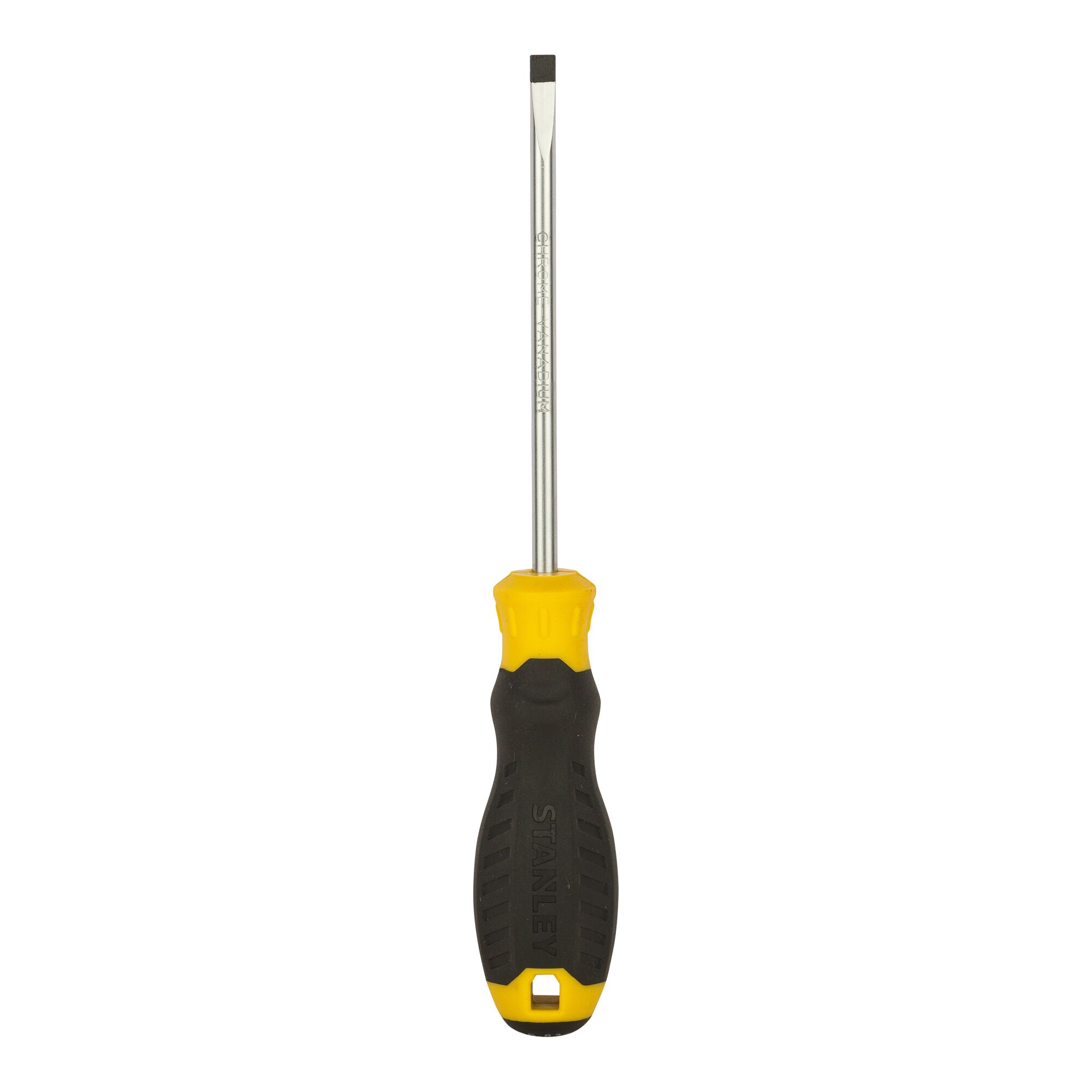 STANLEY STMT60834-8 flathead screwdriver with yellow and black handle, front angle on white background.