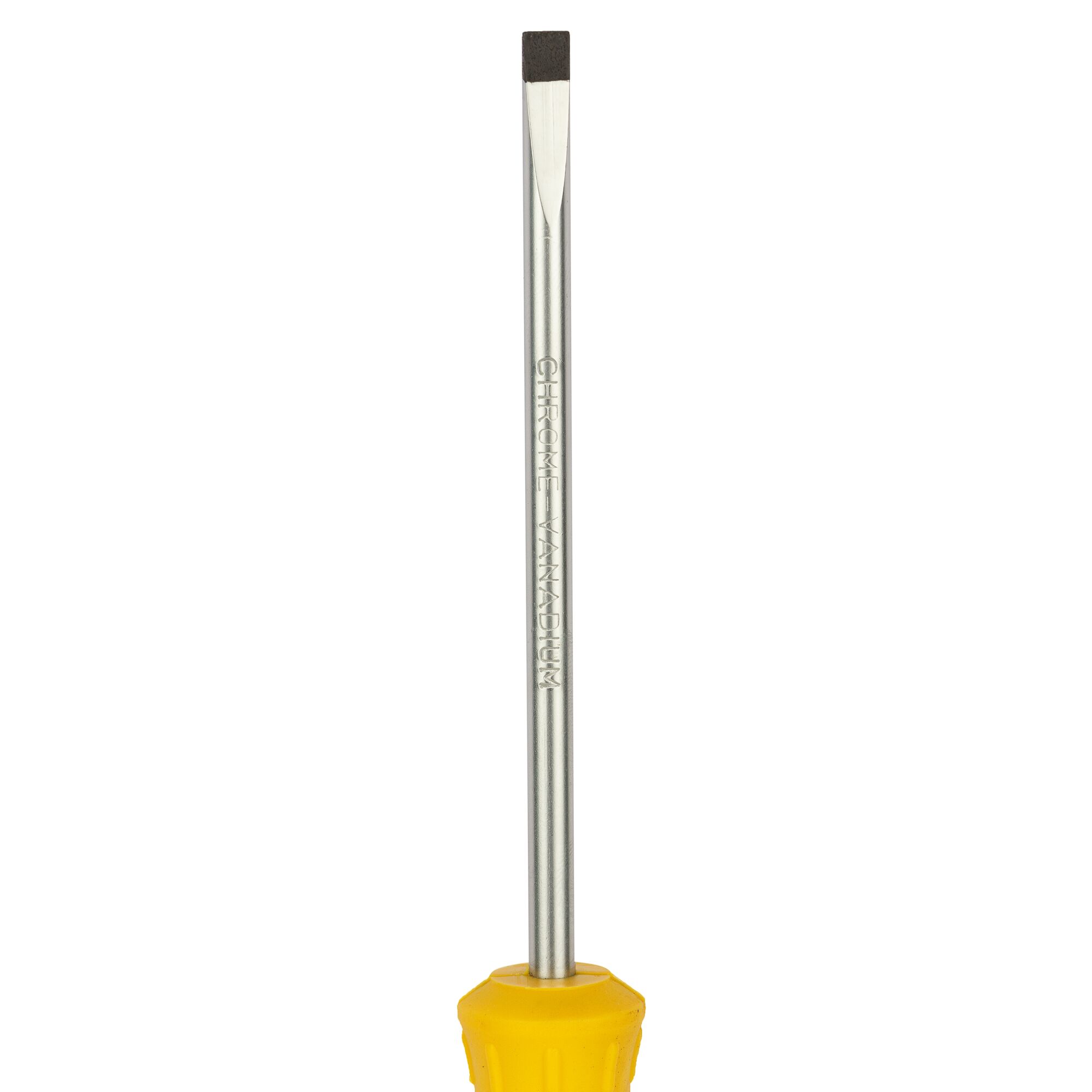 A flathead screwdriver with a metallic shaft and a yellow handle, shown vertically against a white background.