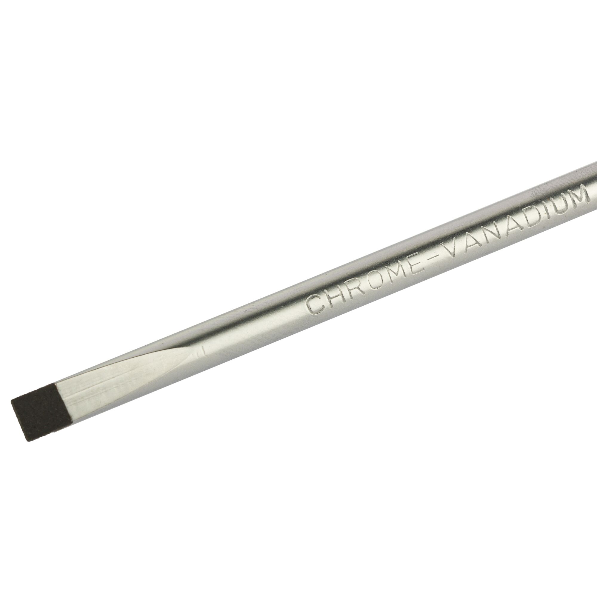 Close-up image of a chrome-vanadium flathead screwdriver, showing the metal shaft and tip.