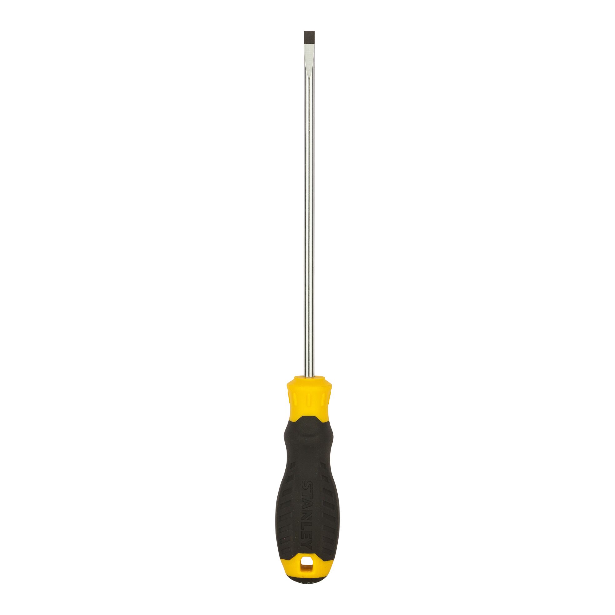 Photo of STANLEY STMT60835-8 flathead screwdriver with yellow and black handle on white background.