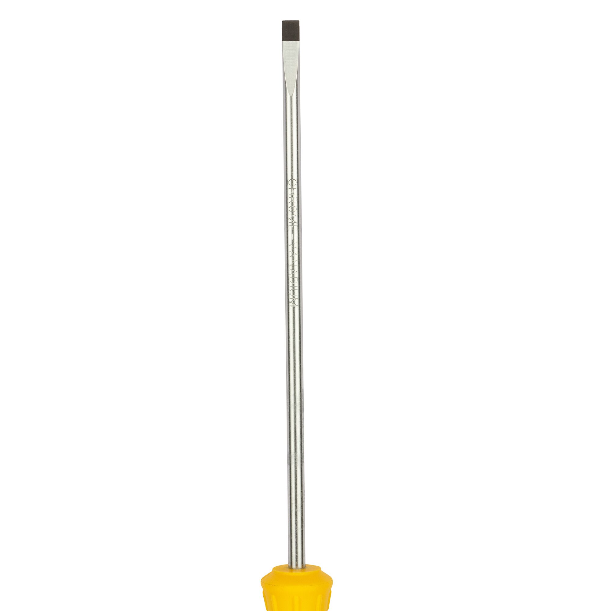 A long flathead screwdriver with a yellow handle and a metal shaft, photographed on a white background.