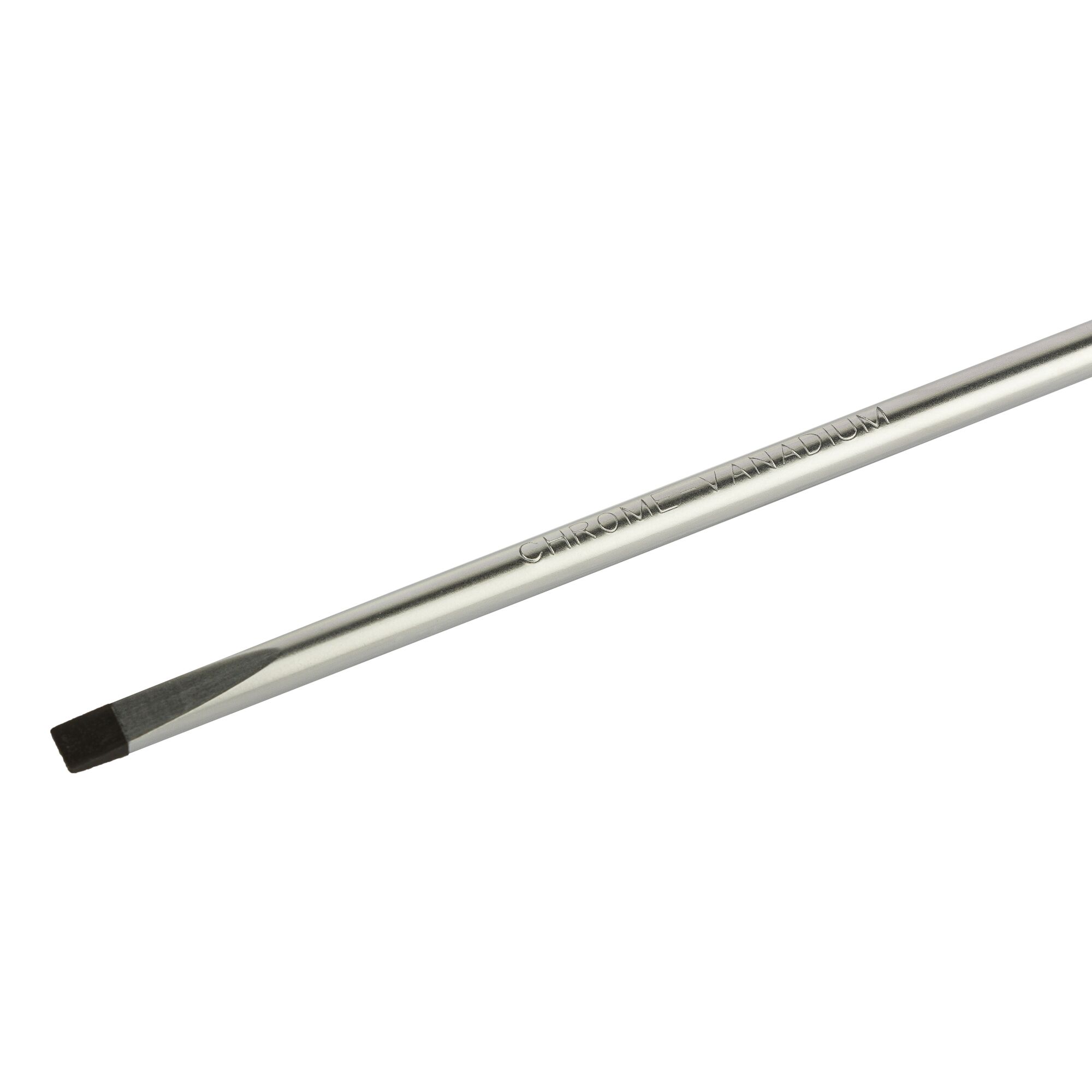 A flat head screwdriver with a chrome vanadium steel shaft.