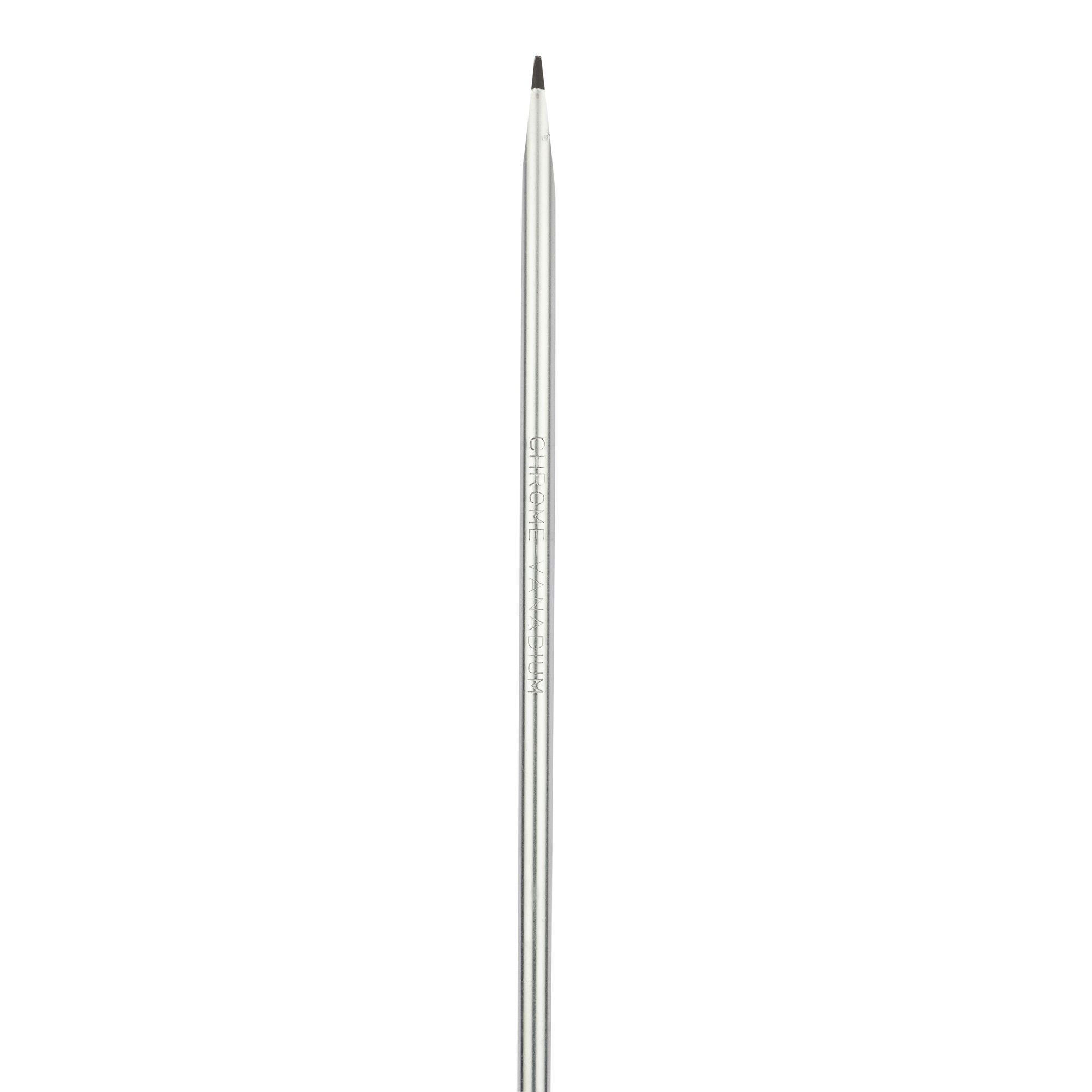 A close-up image of a silver-colored pencil lead refill with a pointed tip, used for mechanical pencils. The refill has text printed along its shaft.