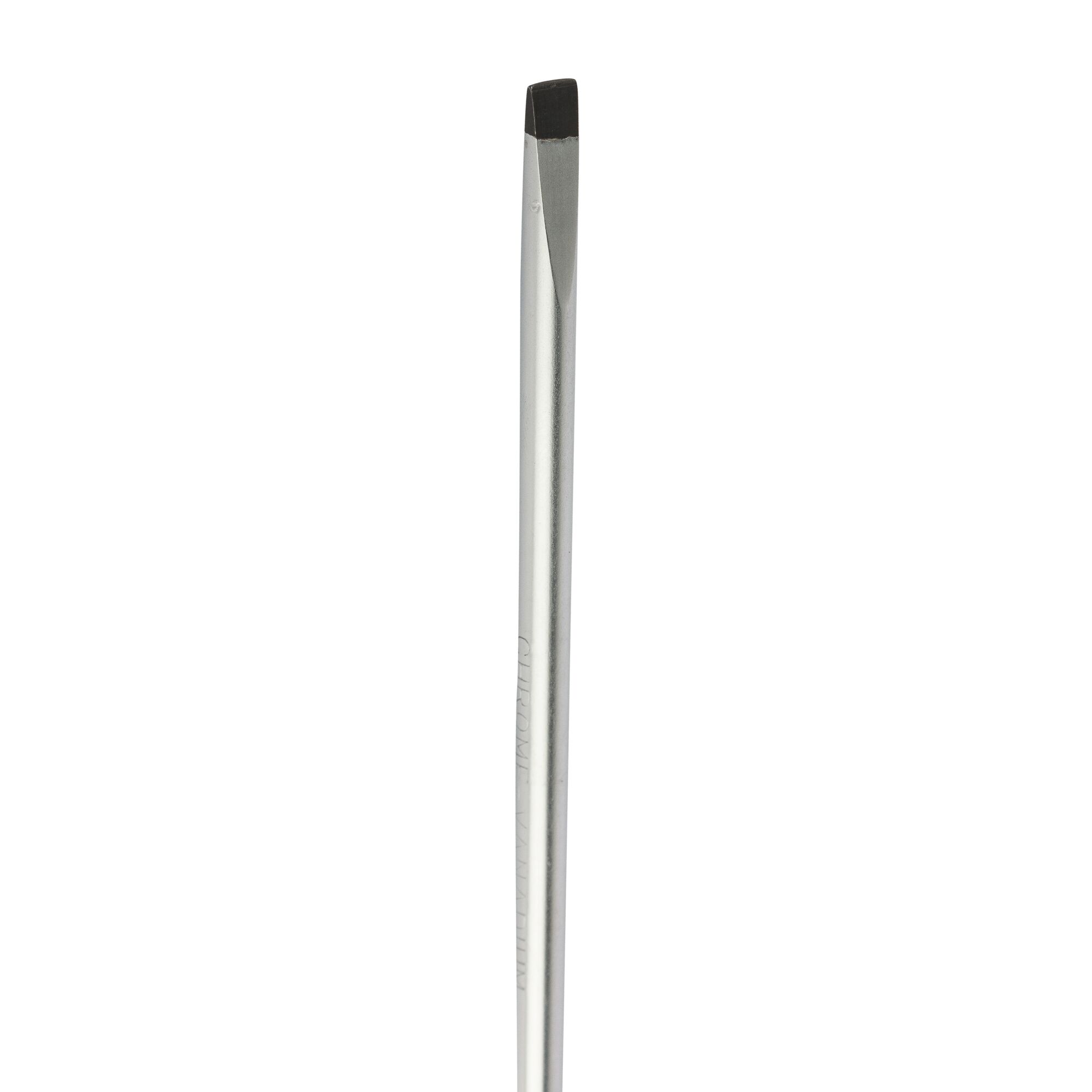 A close-up image of a flat-head screwdriver with a metal shaft and tip.
