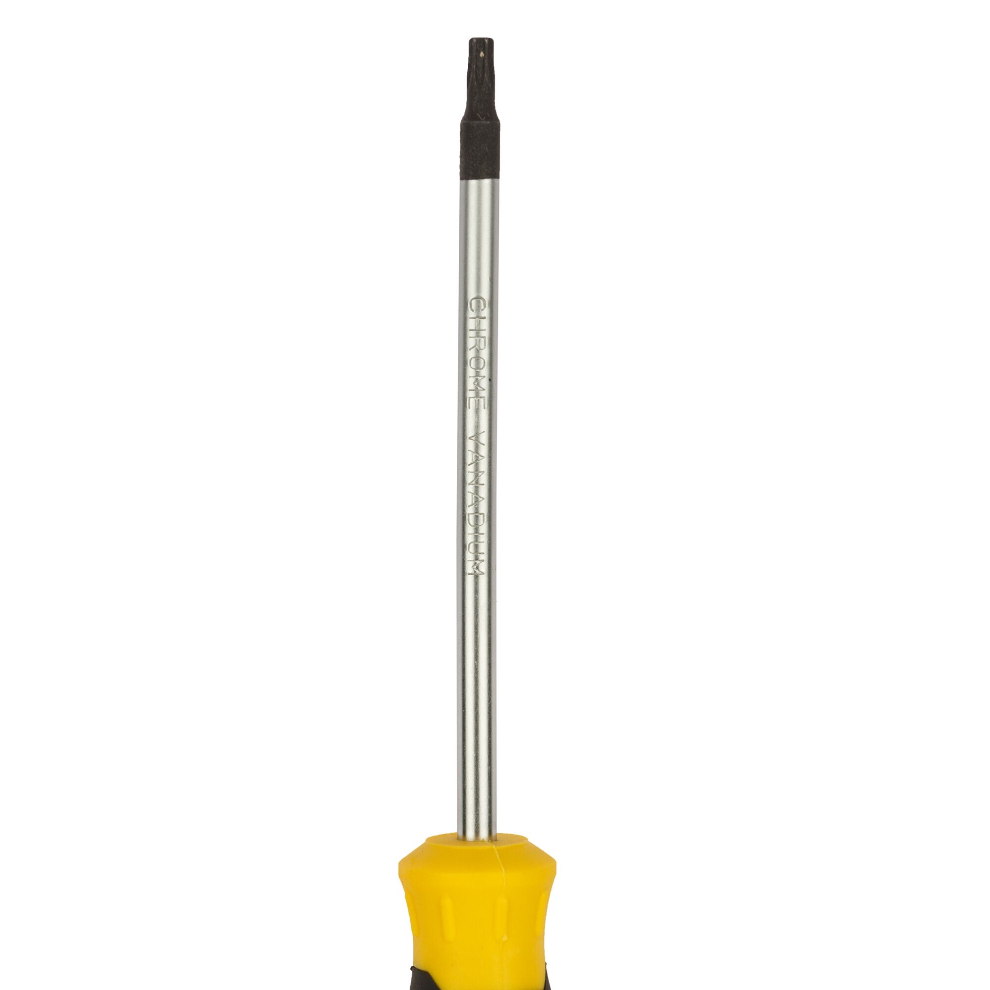 A close-up image of a Stanley branded screwdriver with a yellow and black handle and a long metallic shaft. The tip is a Torx style, suitable for precision work.
