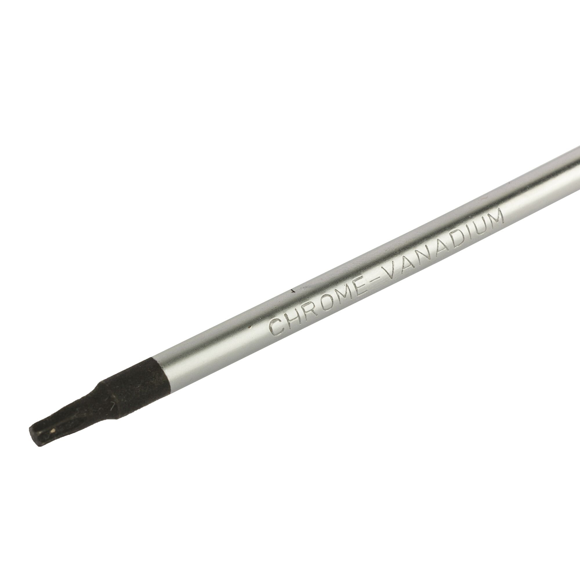 Close-up image of a metal screwdriver shaft with a black tip, made of chrome vanadium steel, with 'CHROME-VANADIUM' engraved on the side.