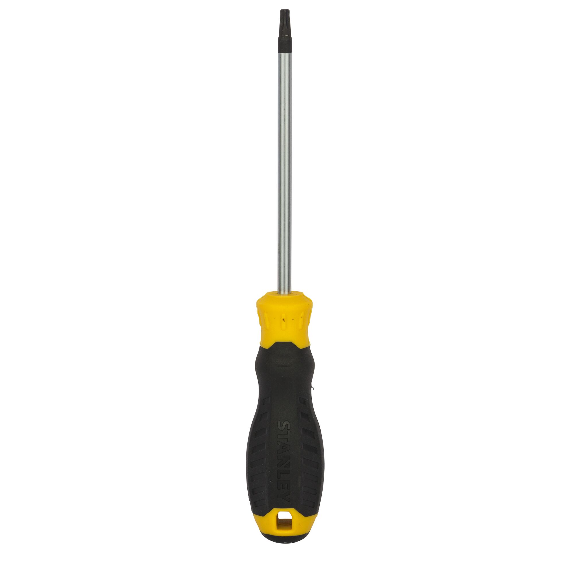 STANLEY STMT60847-8 screwdriver with black and yellow ergonomic handle, front angle on white background.