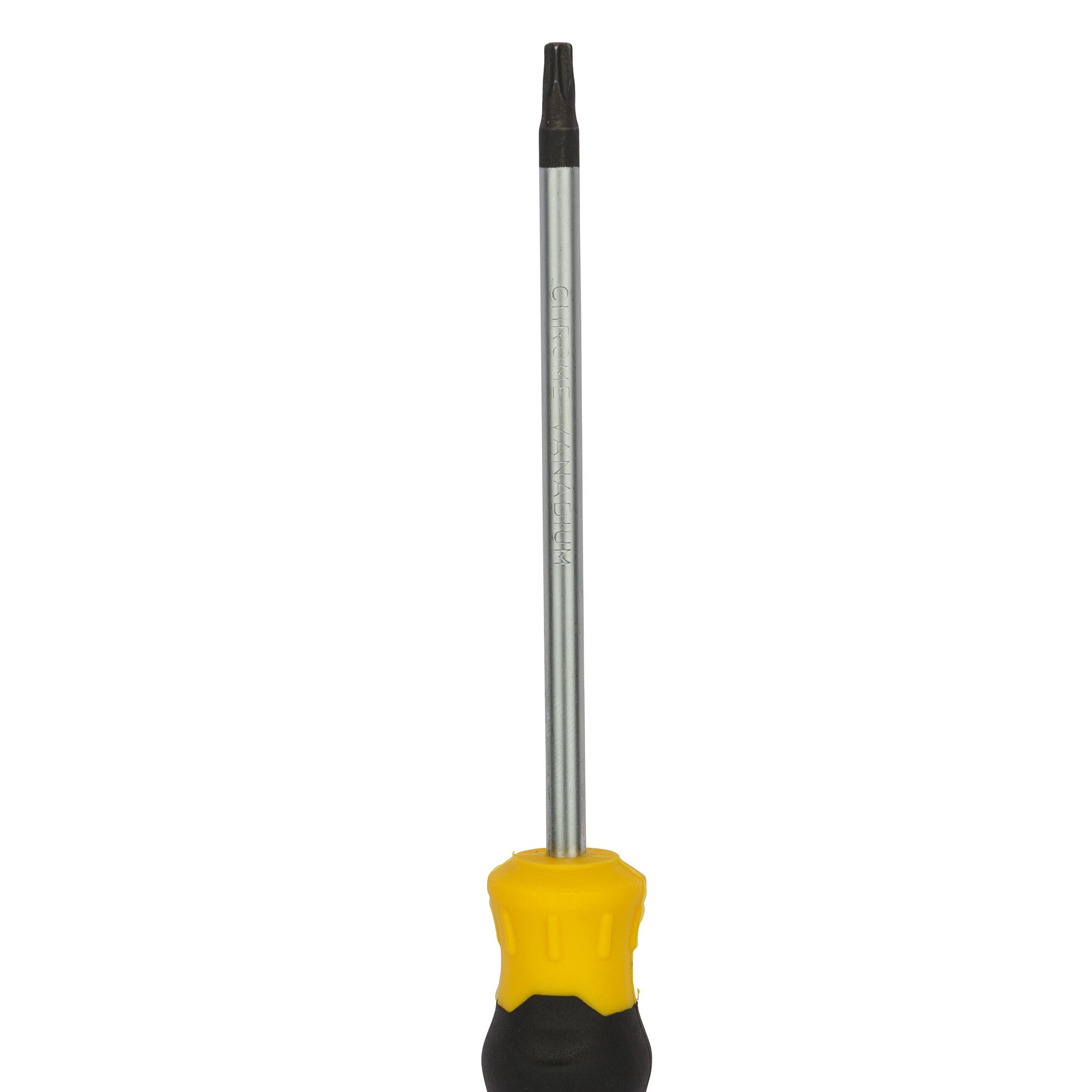 A Torx screwdriver with a yellow and black handle and a long silver shaft.