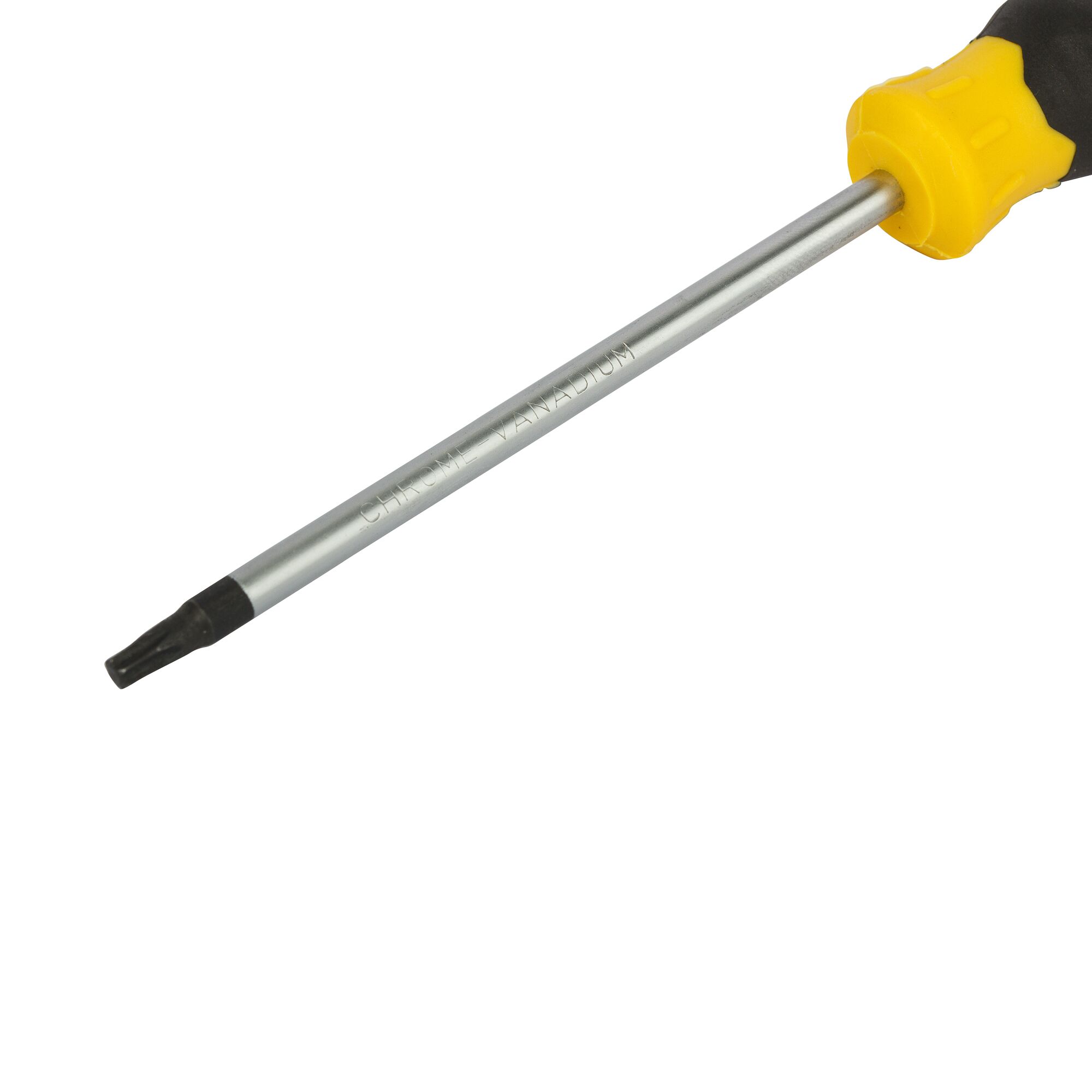 A close-up image of a Stanley screwdriver with a yellow and black handle and a metal shaft. The tip is designed for Torx screws.