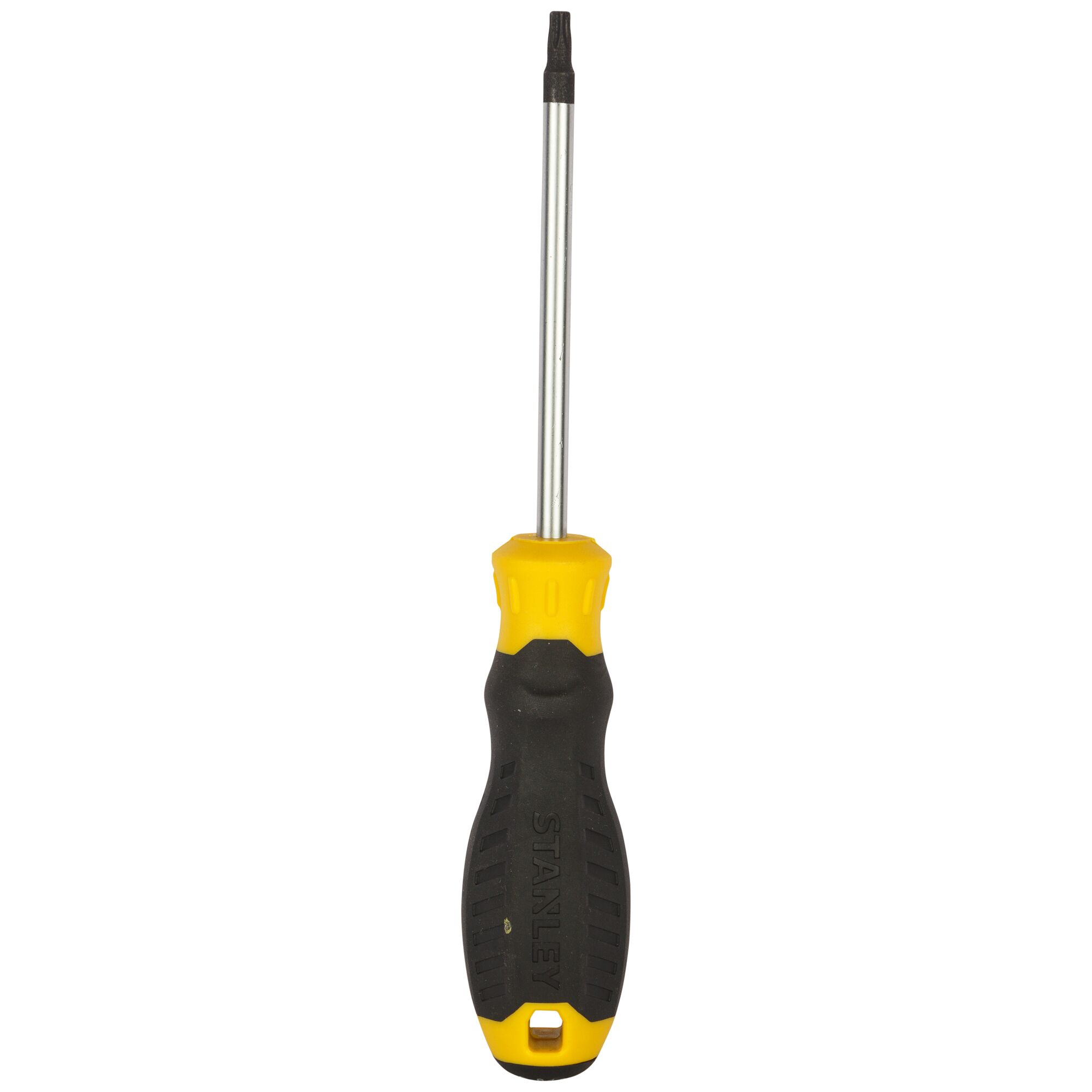 STANLEY STMT60848-8 screwdriver with black and yellow ergonomic handle, front view on white background.