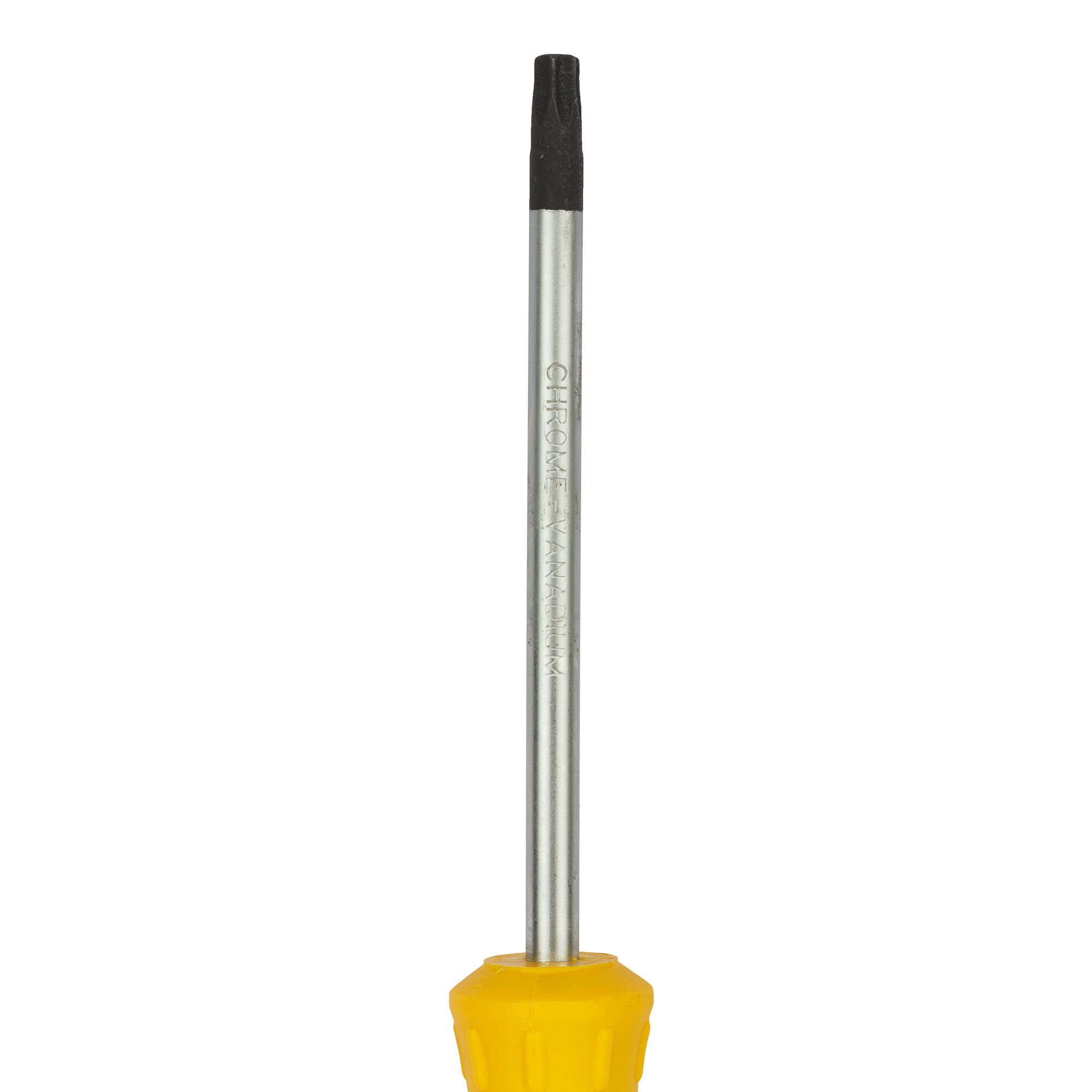 STANLEY STMT60850-8 screwdriver with chrome shaft and yellow handle, front angle on white background.