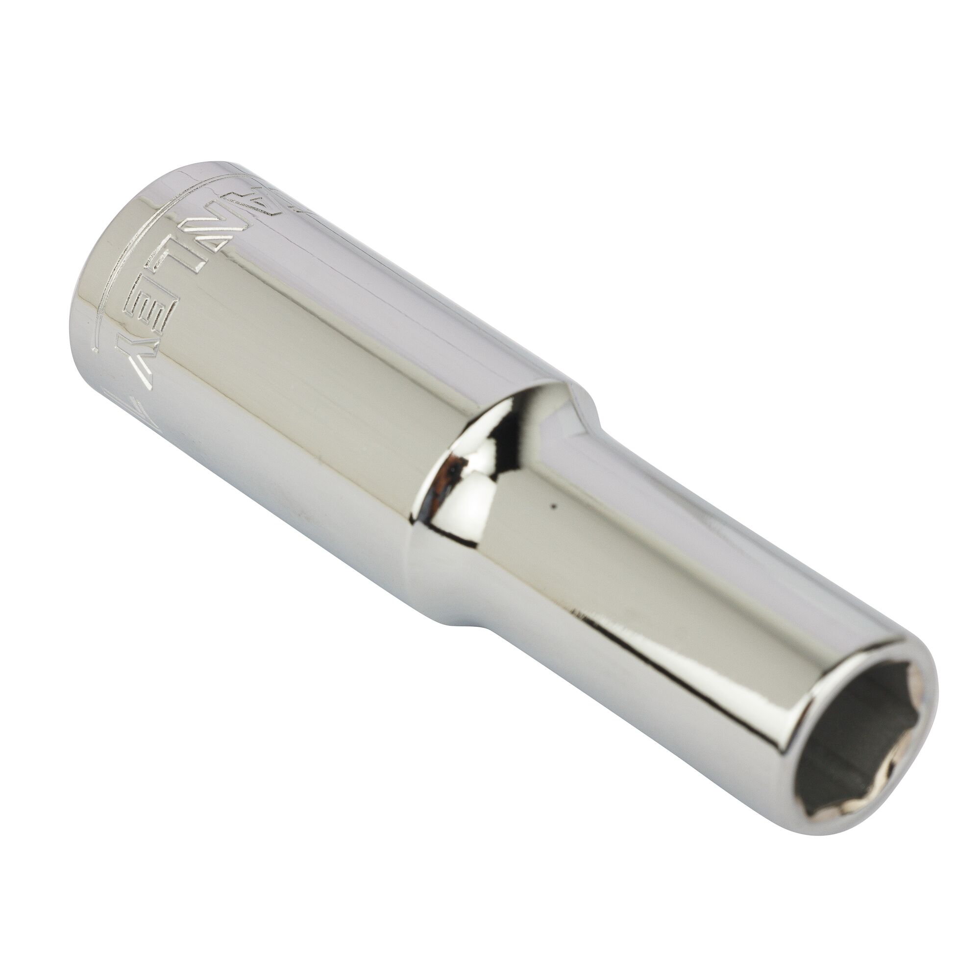 STANLEY STMT73326-8B chrome deep socket tool, side angle, on white background.