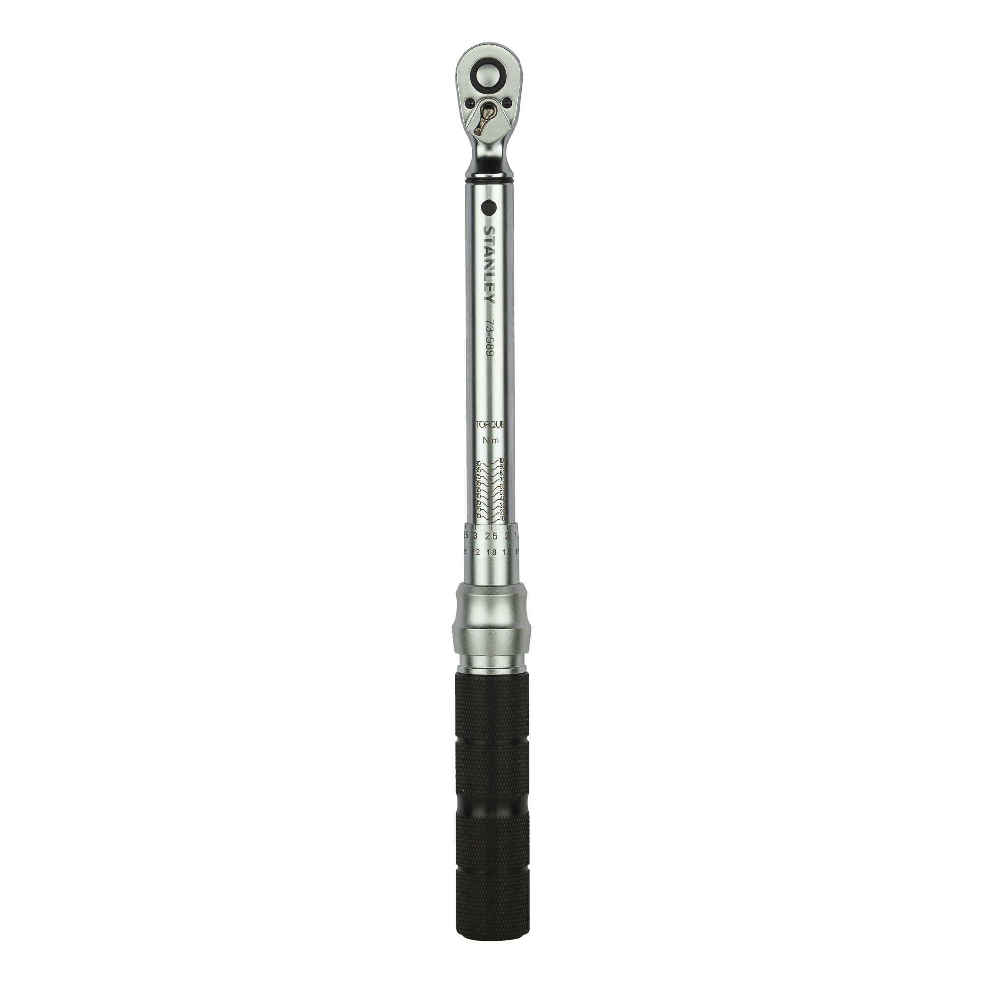 STANLEY STMT73589-8 torque wrench with black textured handle, silver shaft, front angle on white background.