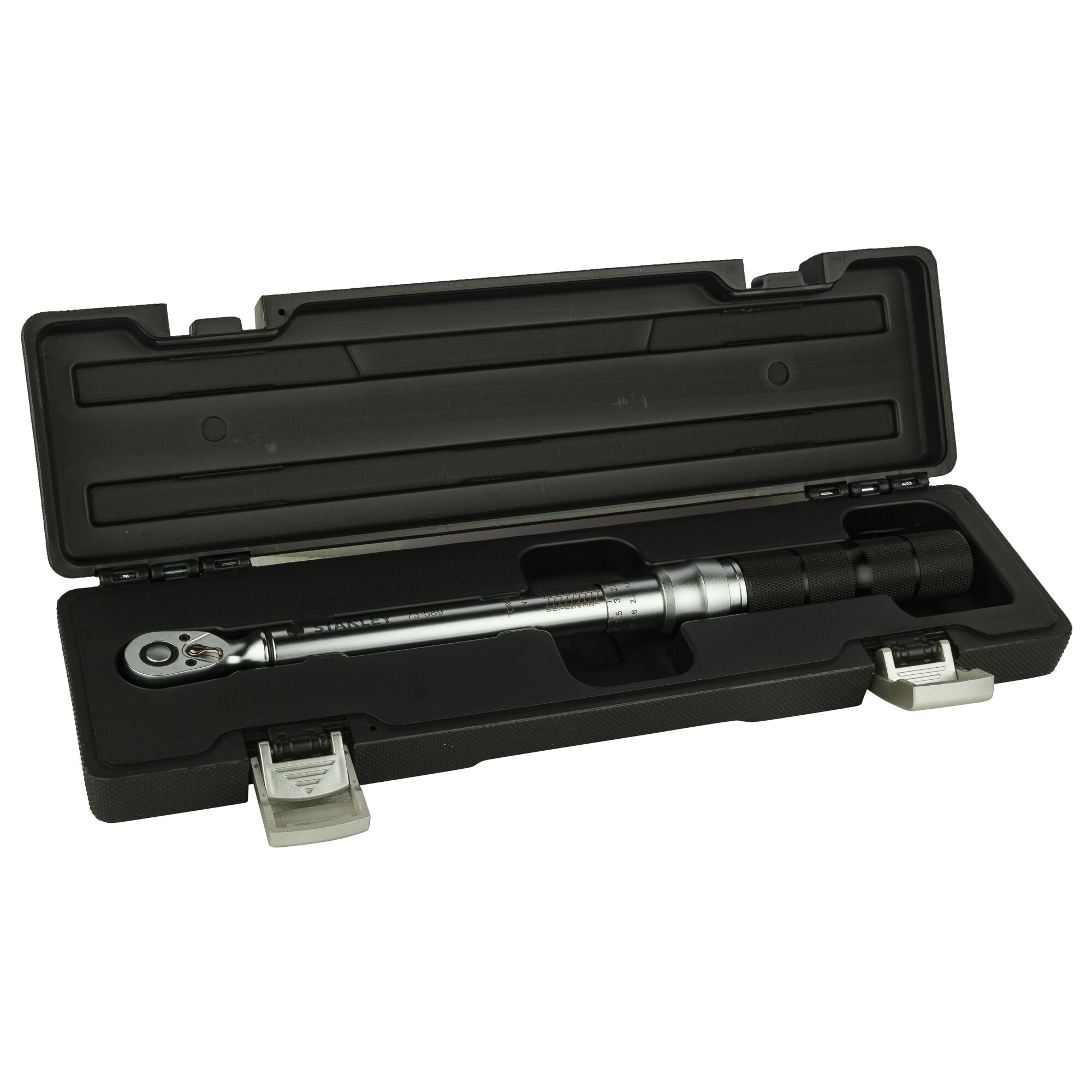 STANLEY STMT73589-8 torque wrench in black plastic case, product photography, top angle.