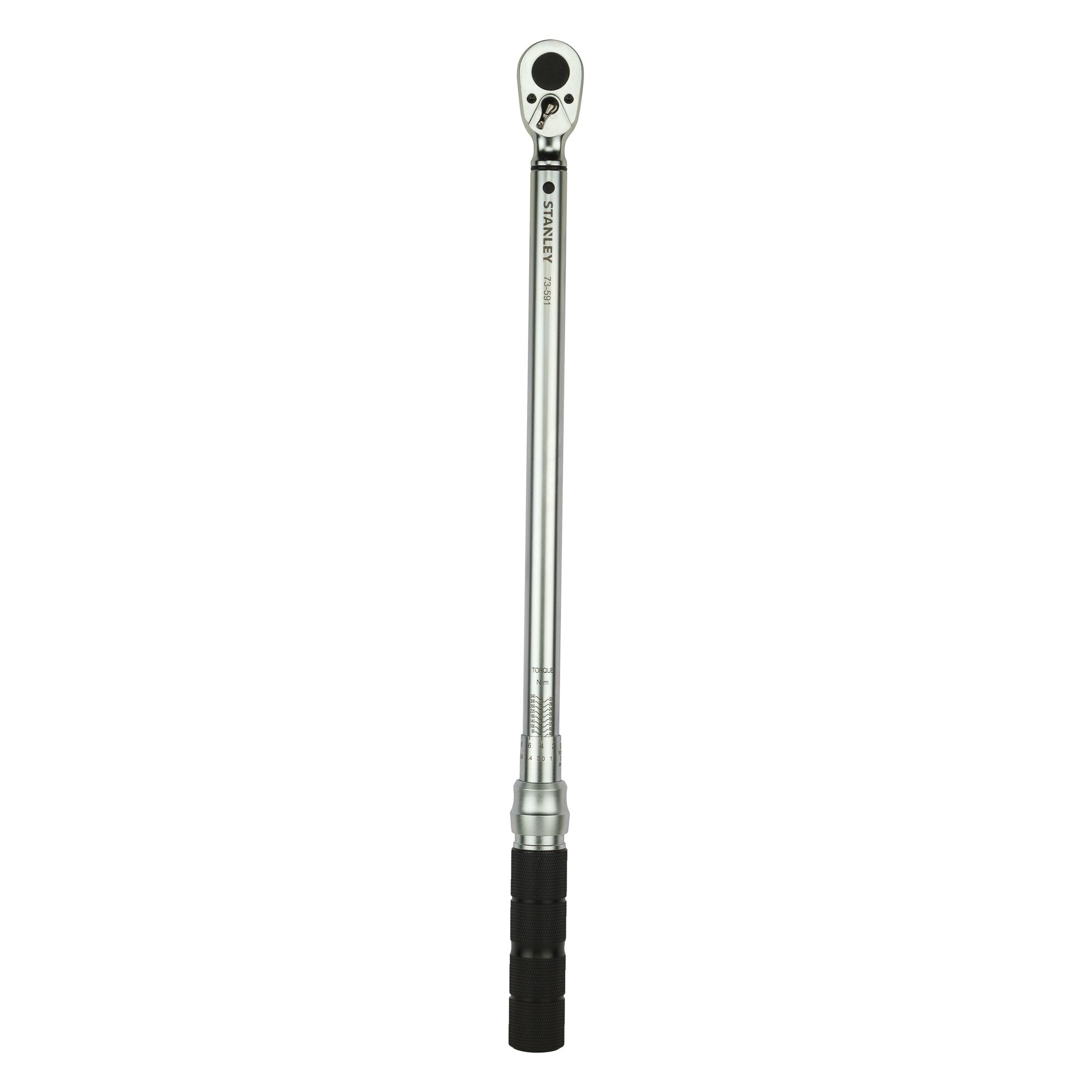 STANLEY STMT73591-8 torque wrench with silver body and black textured handle, front angle on white background.