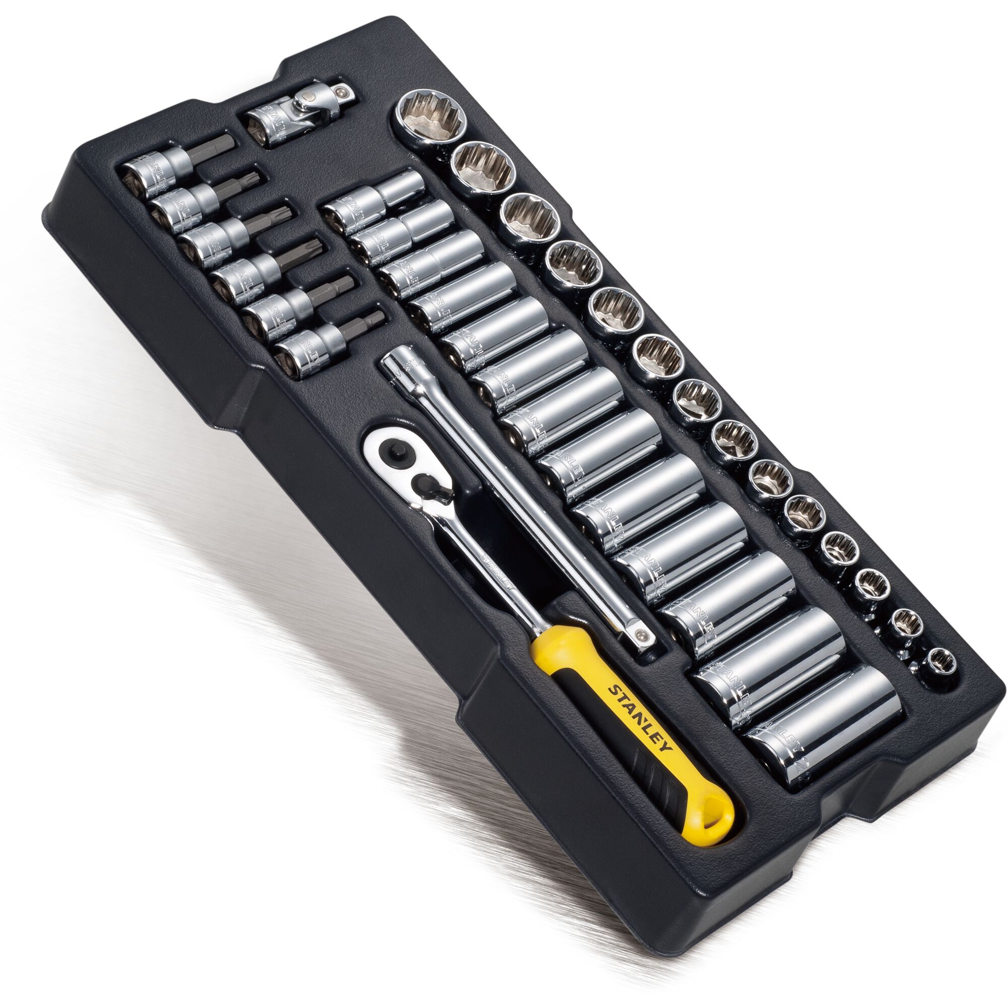 STANLEY STMT74174-8 socket and ratchet set in black tray, chrome sockets, yellow and black handle, angled view.