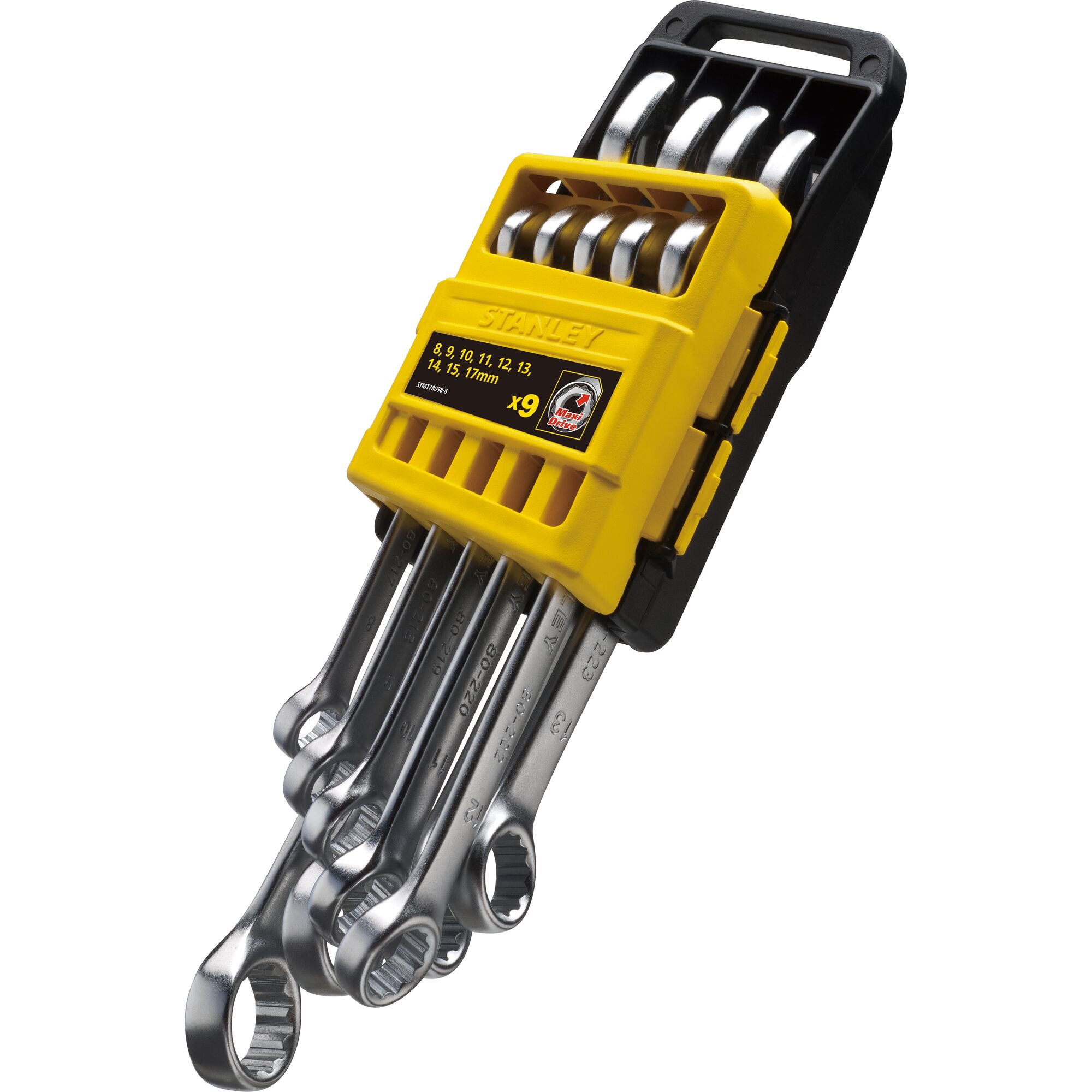 STANLEY STMT78098-8 wrench set in yellow holder, angled front view, nine silver combination wrenches.
